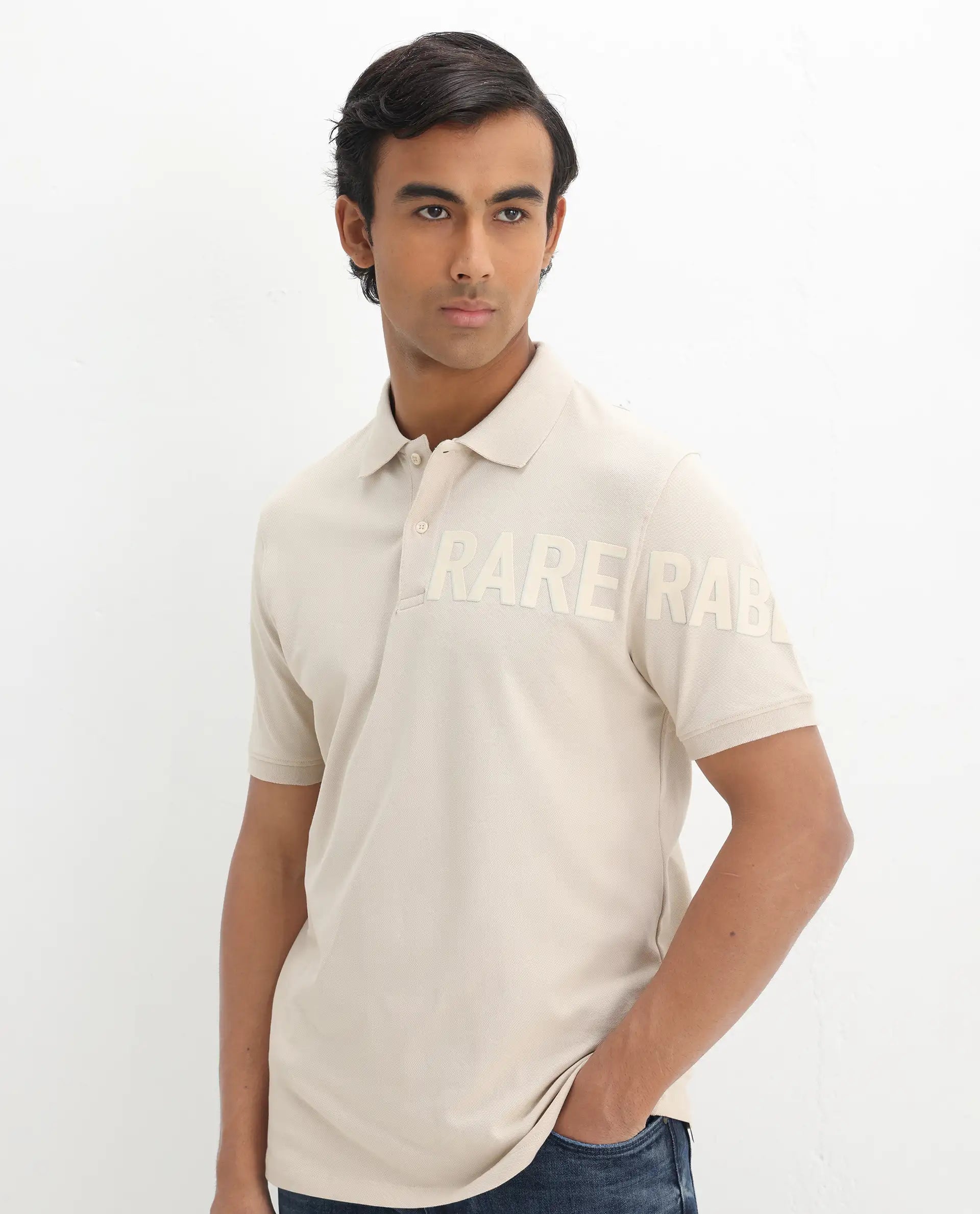 Rare Rabbit Men's Taro Light Beige Cotton Graphic Print Regular Fit Half Sleeve Polo