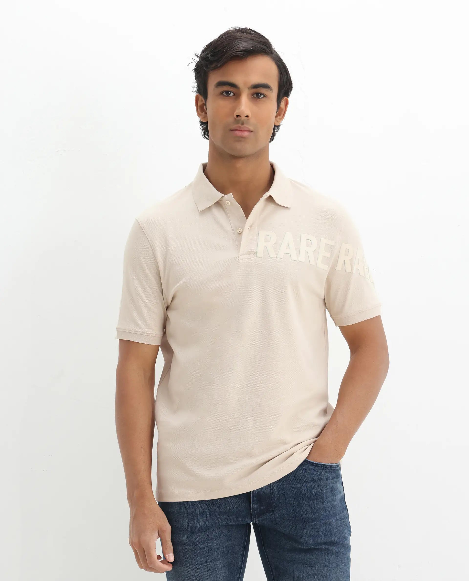 Rare Rabbit Men's Taro Light Beige Cotton Graphic Print Regular Fit Half Sleeve Polo