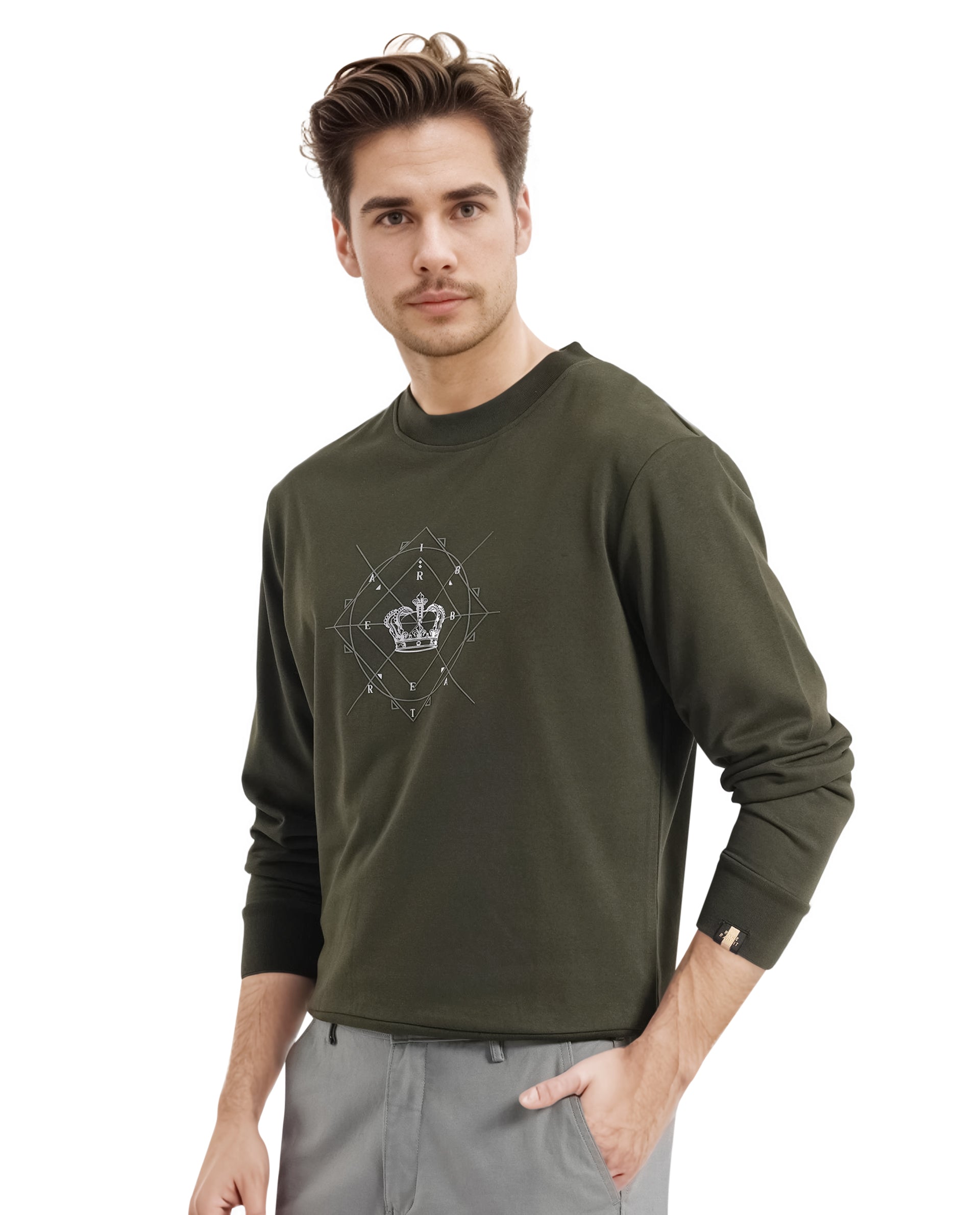 Rare Rabbit Men Tarol Olive Cotton Polyester Fabric Full Sleeve Crew Neck Regular Fit HD Printed Sweatshirt