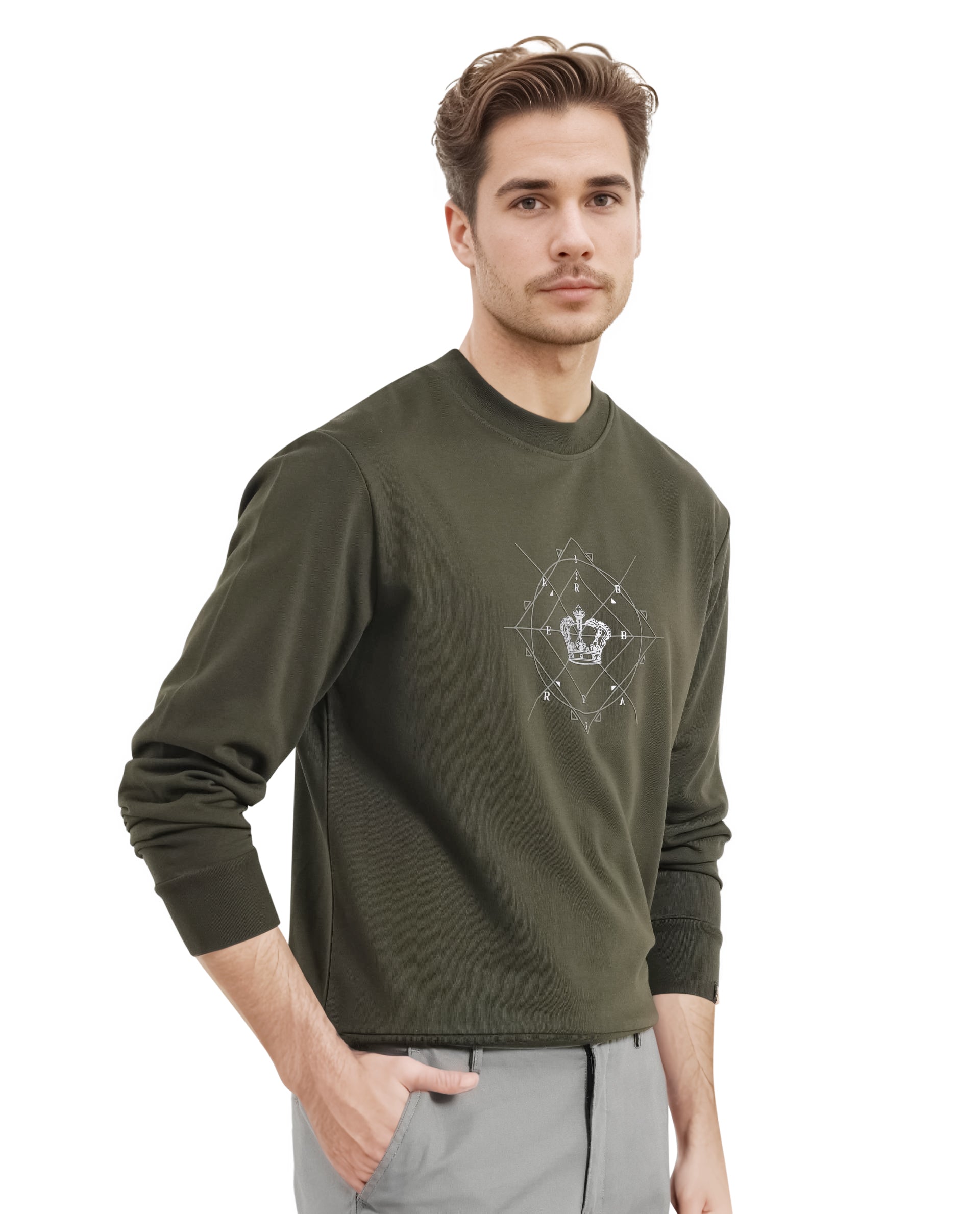 Rare Rabbit Men Tarol Olive Cotton Polyester Fabric Full Sleeve Crew Neck Regular Fit HD Printed Sweatshirt