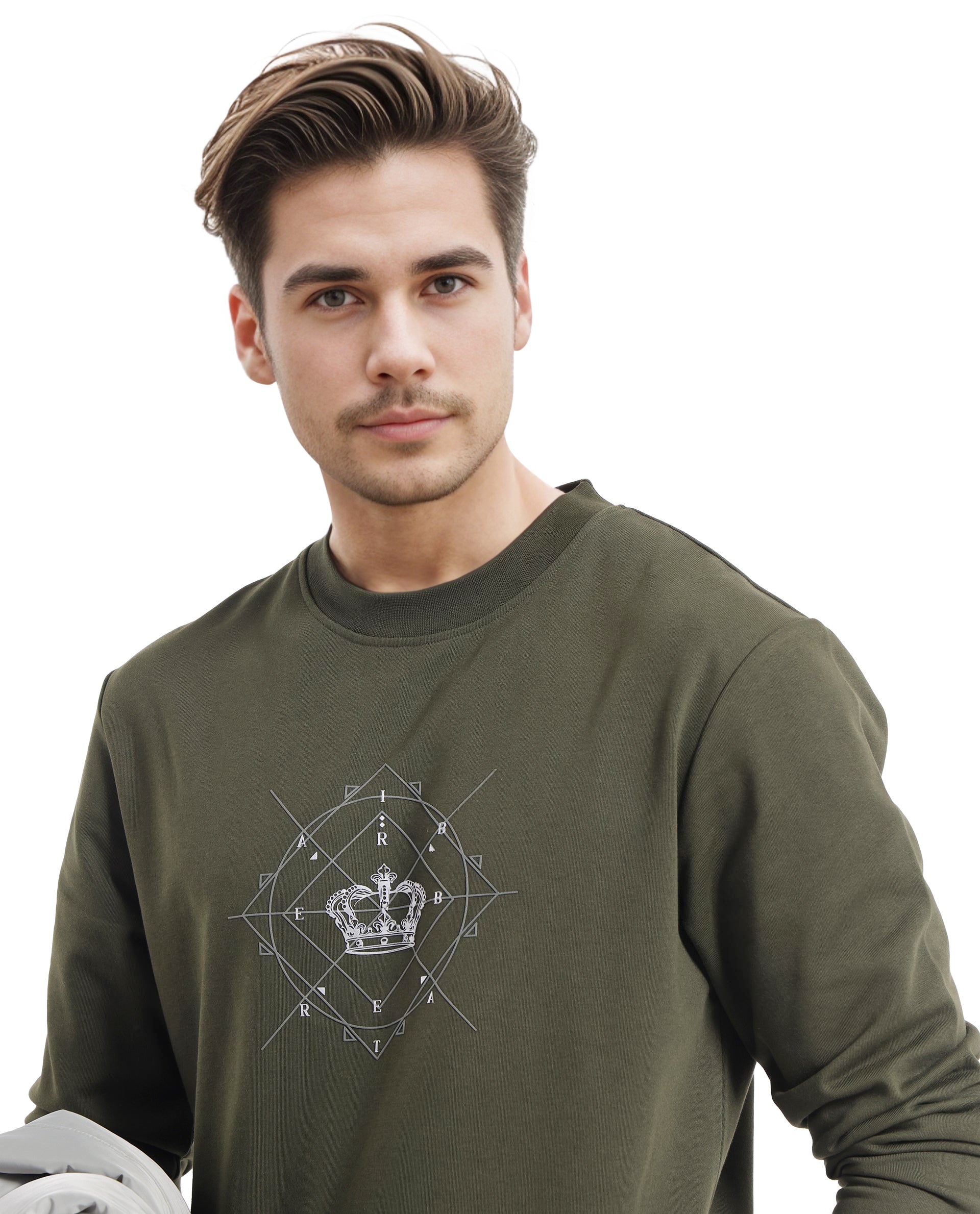 Rare Rabbit Men Tarol Olive Cotton Polyester Fabric Full Sleeve Crew Neck Regular Fit HD Printed Sweatshirt