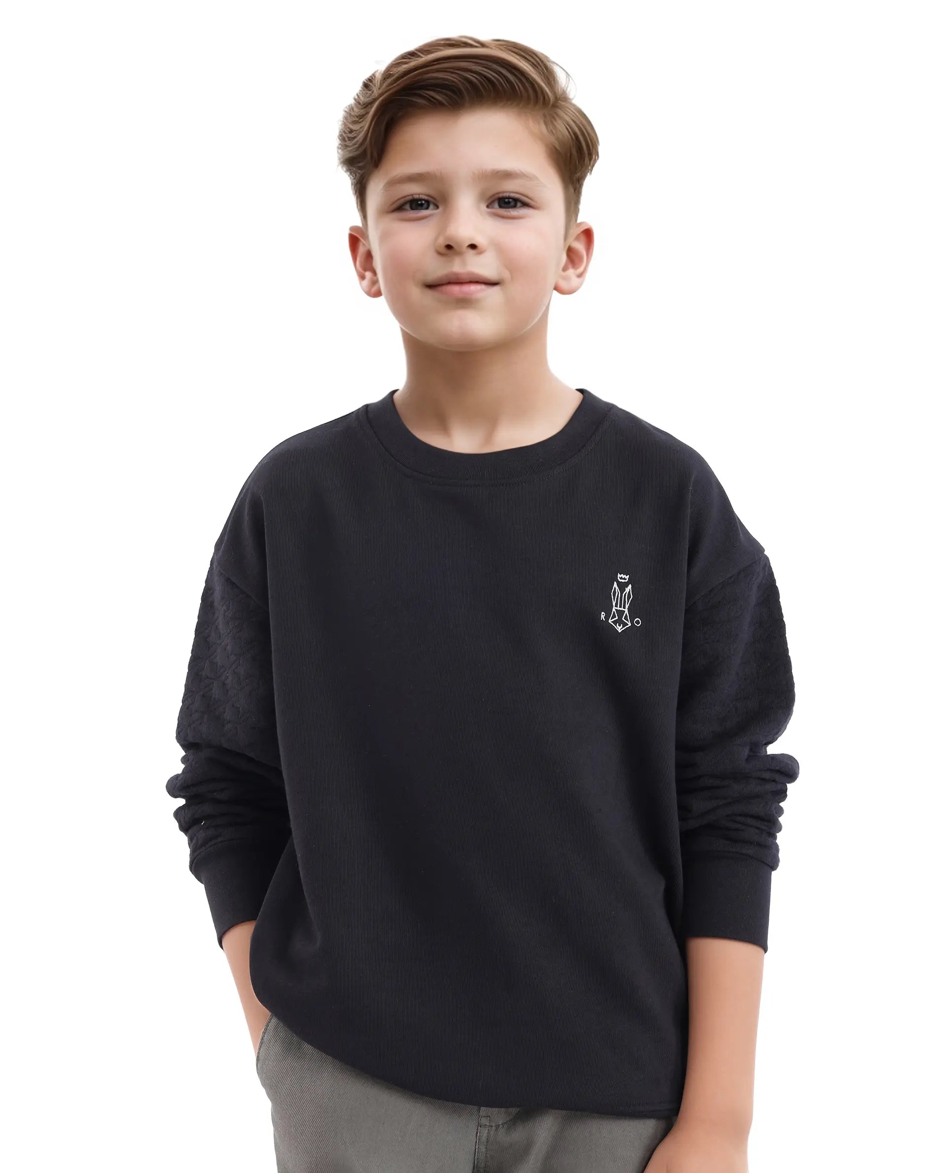 Rare Ones Kids Taron Black Cotton Poly Full Sleeve Embroidered Sweatshirt