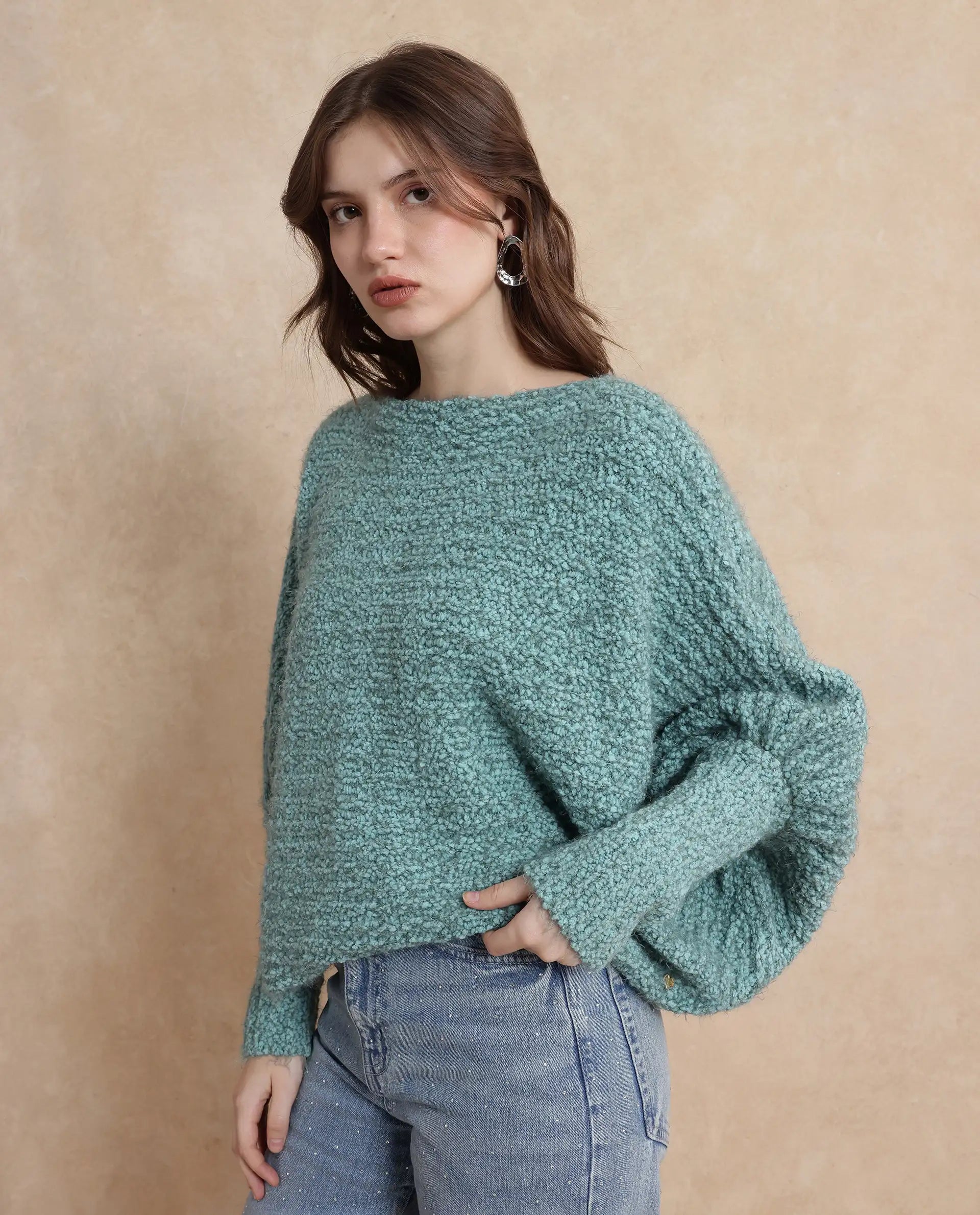 Rareism Women Taro Teal Polyester Nylon Fabric Oversized Fit Plain Sweater