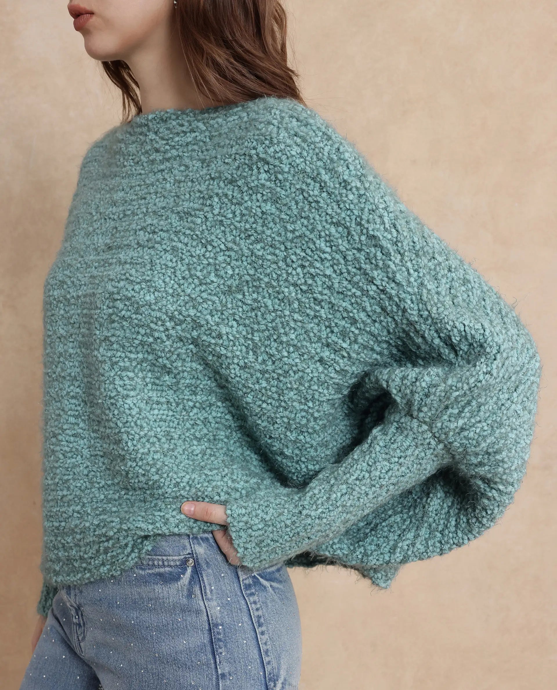 Rareism Women Taro Teal Polyester Nylon Fabric Oversized Fit Plain Sweater