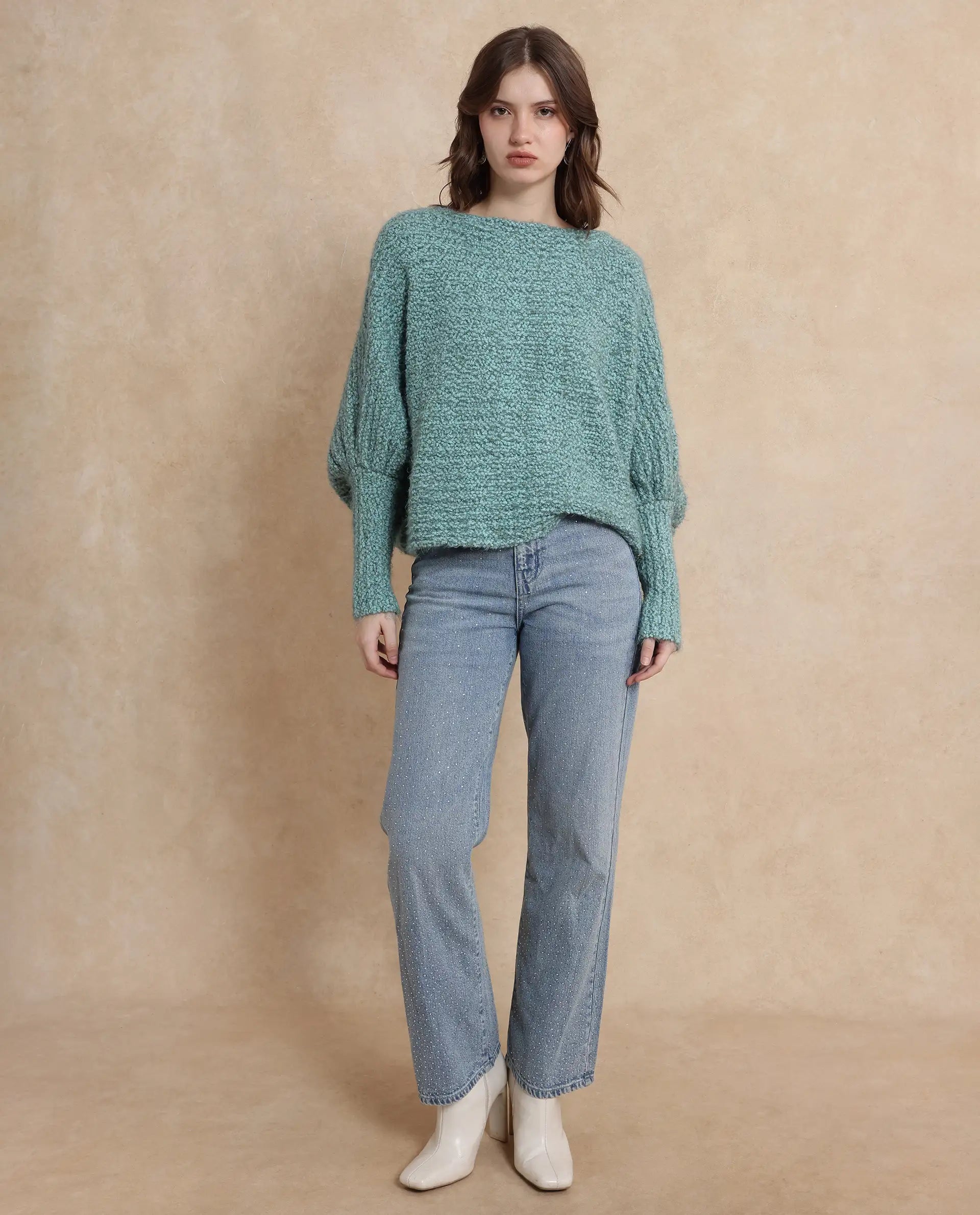 Rareism Women Taro Teal Polyester Nylon Fabric Oversized Fit Plain Sweater