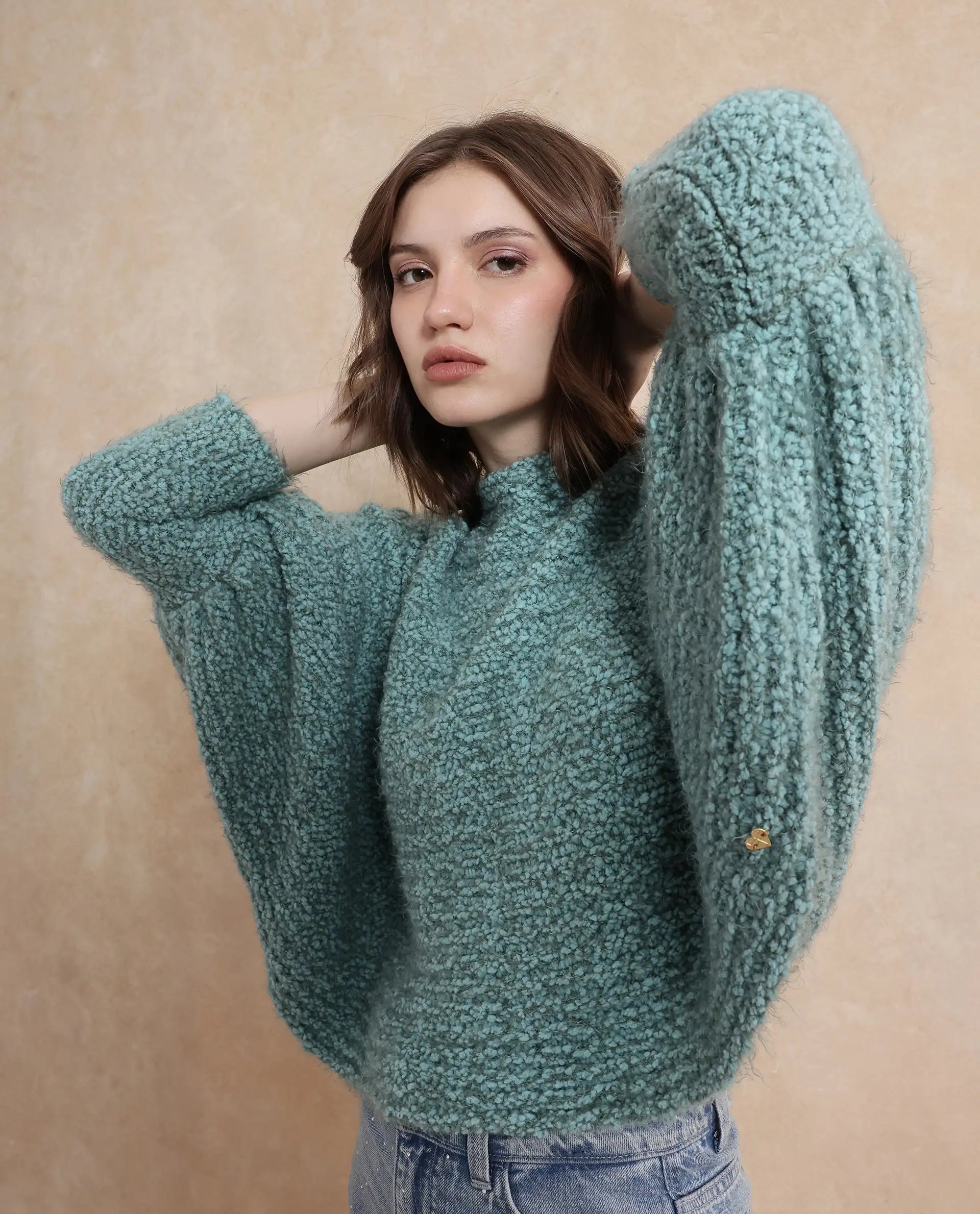 Rareism Women Taro Teal Polyester Nylon Fabric Oversized Fit Plain Sweater