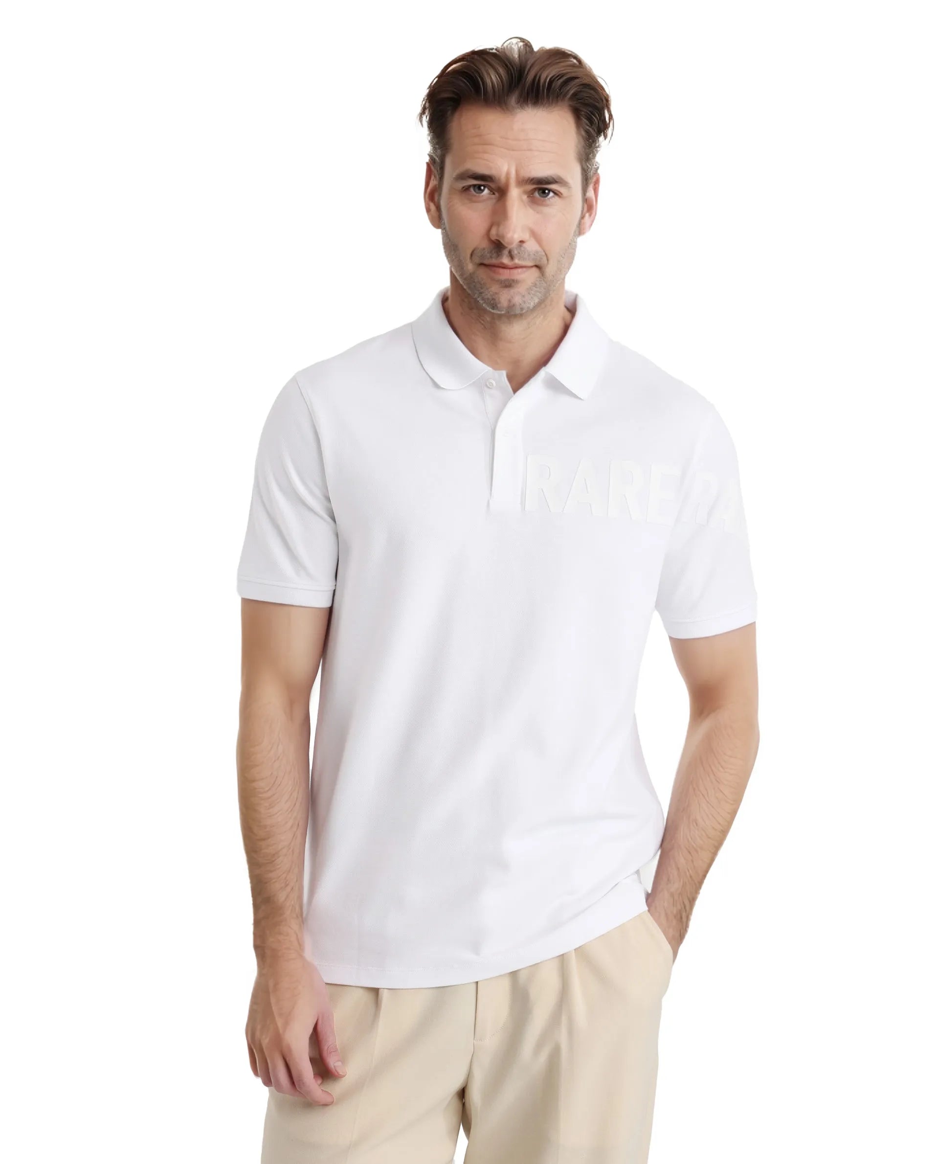 Rare Rabbit Men Taro White Cotton Blend Short Sleeve Regular Fit Regular Collared Plain Polo