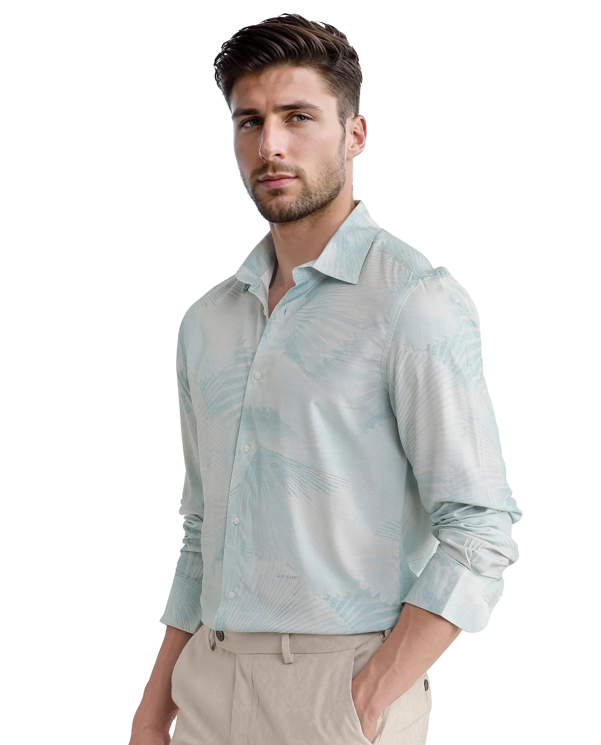 Rare Rabbit Men Tasa Blue Viscose Fabric Full Sleeves Regular Collared Button Closure Relaxed Fit Abstract Print Shirt