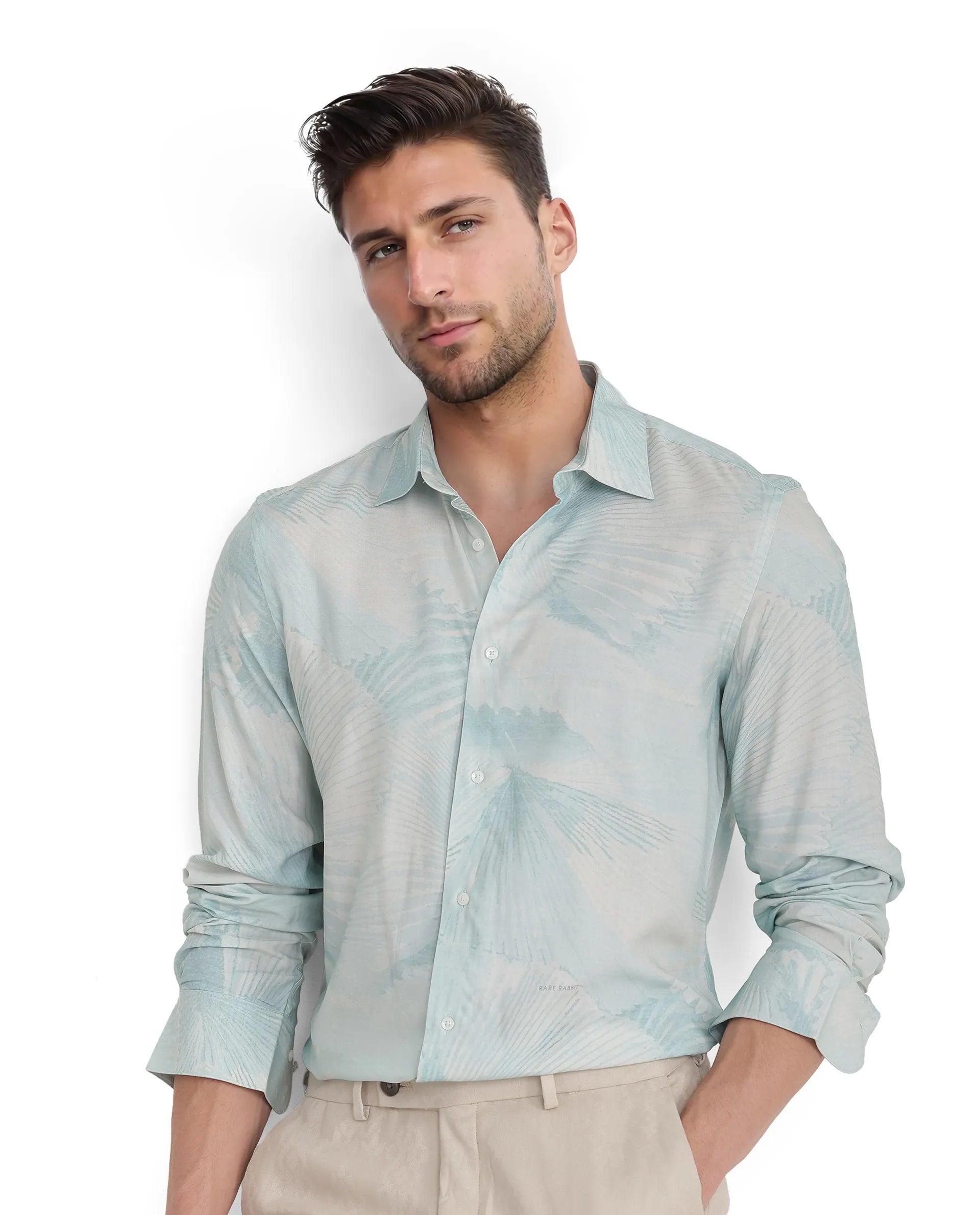 Rare Rabbit Men Tasa Blue Viscose Fabric Full Sleeves Regular Collared Button Closure Relaxed Fit Abstract Print Shirt