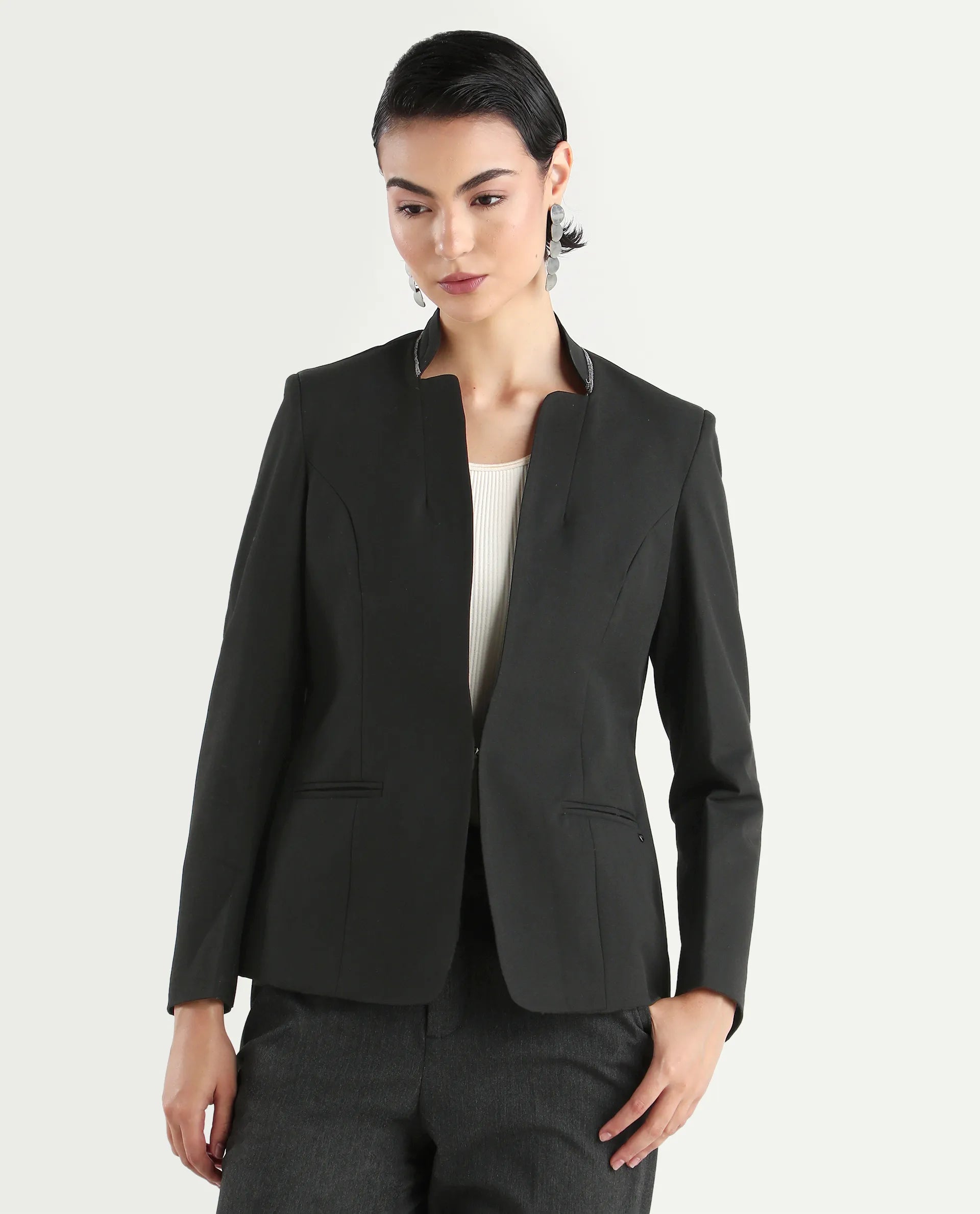 Rareism Women's Tasmania Black Cotton Blend Mandarin Collar Plain Regular Fit Jacket