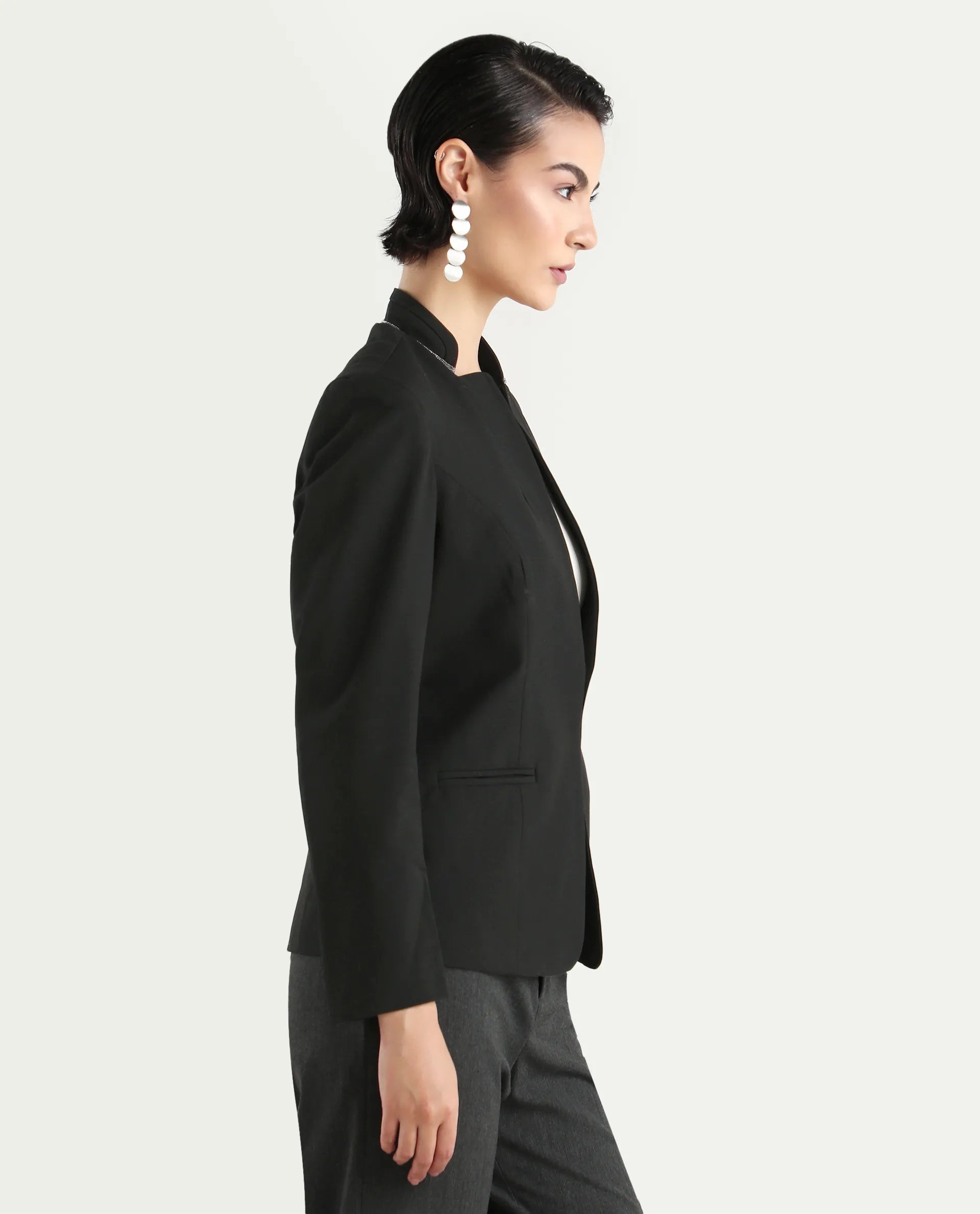 Rareism Women's Tasmania Black Cotton Blend Mandarin Collar Plain Regular Fit Jacket