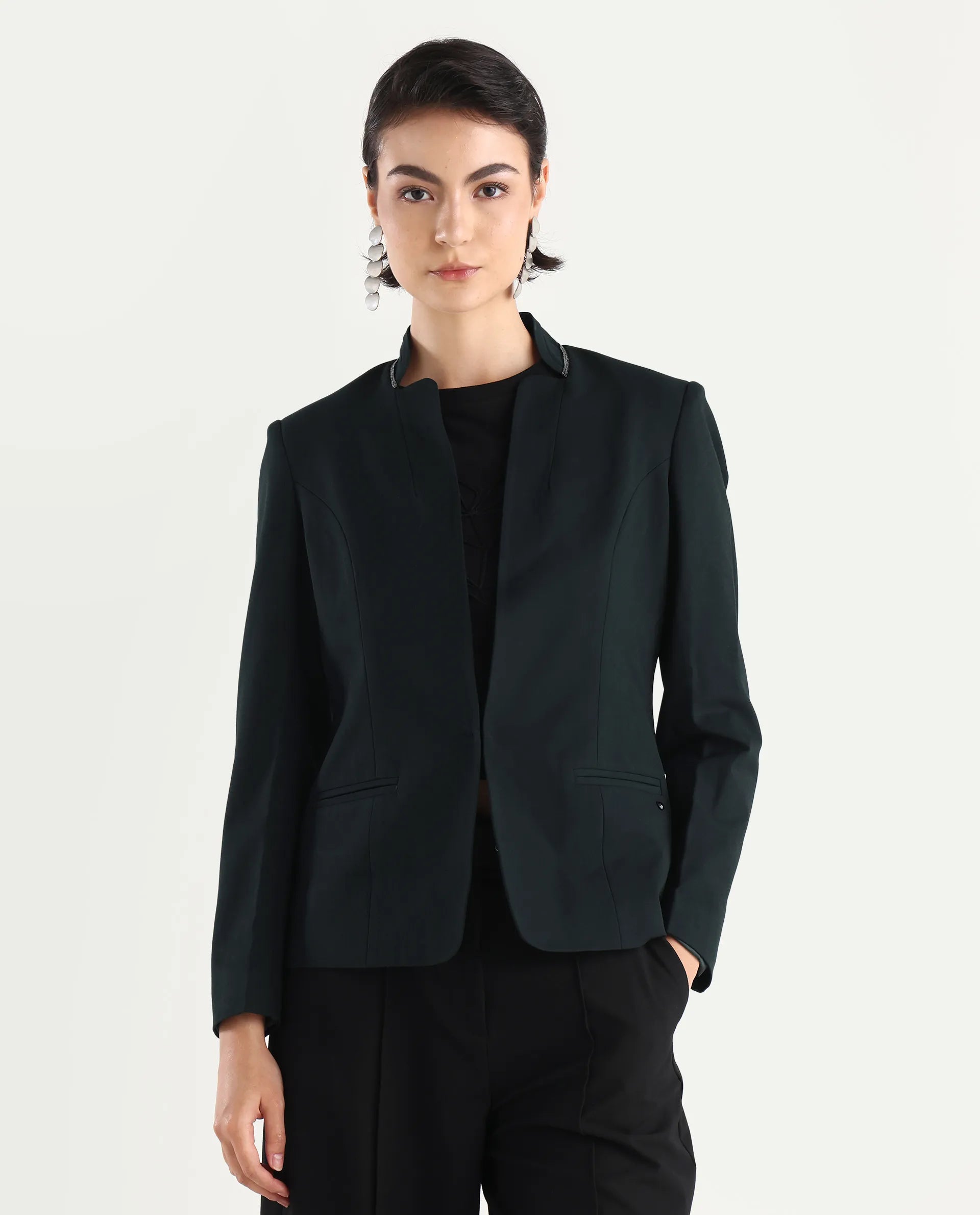 Rareism Women's Tasmania Dark Green Mandarin Collar Plain Regular Fit Jacket
