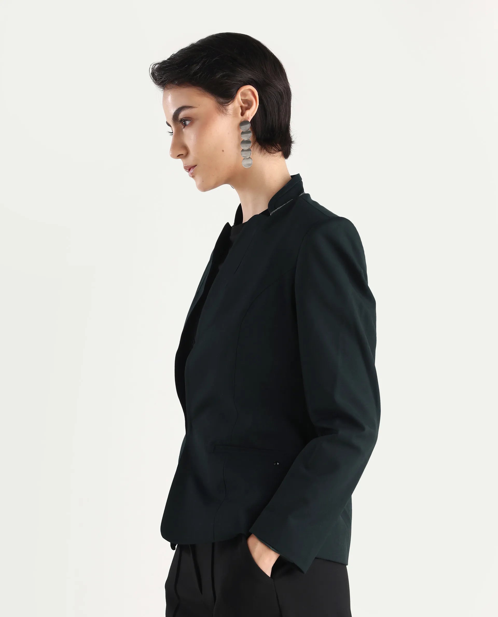 Rareism Women's Tasmania Dark Green Mandarin Collar Plain Regular Fit Jacket