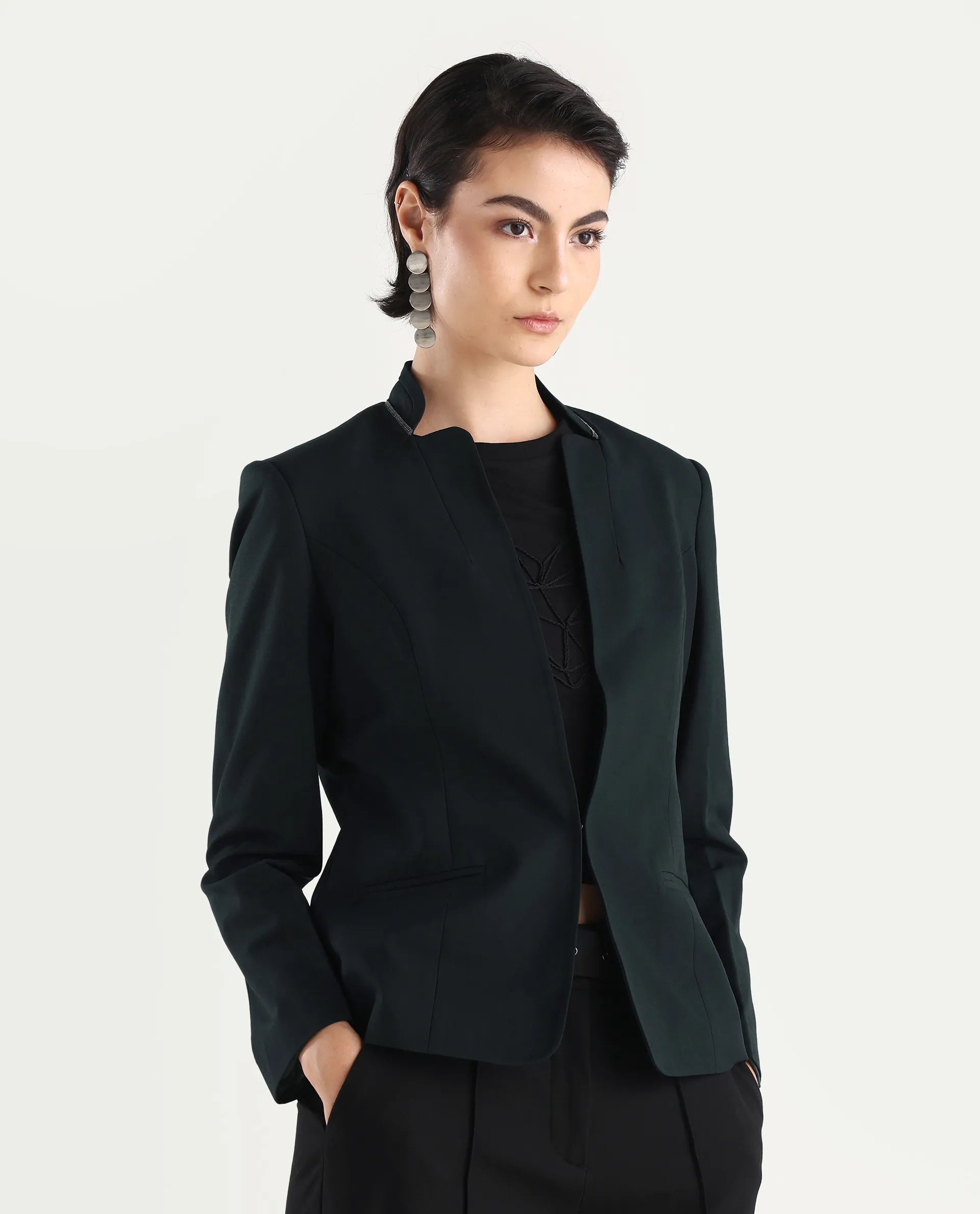 Rareism Women's Tasmania Dark Green Mandarin Collar Plain Regular Fit Jacket