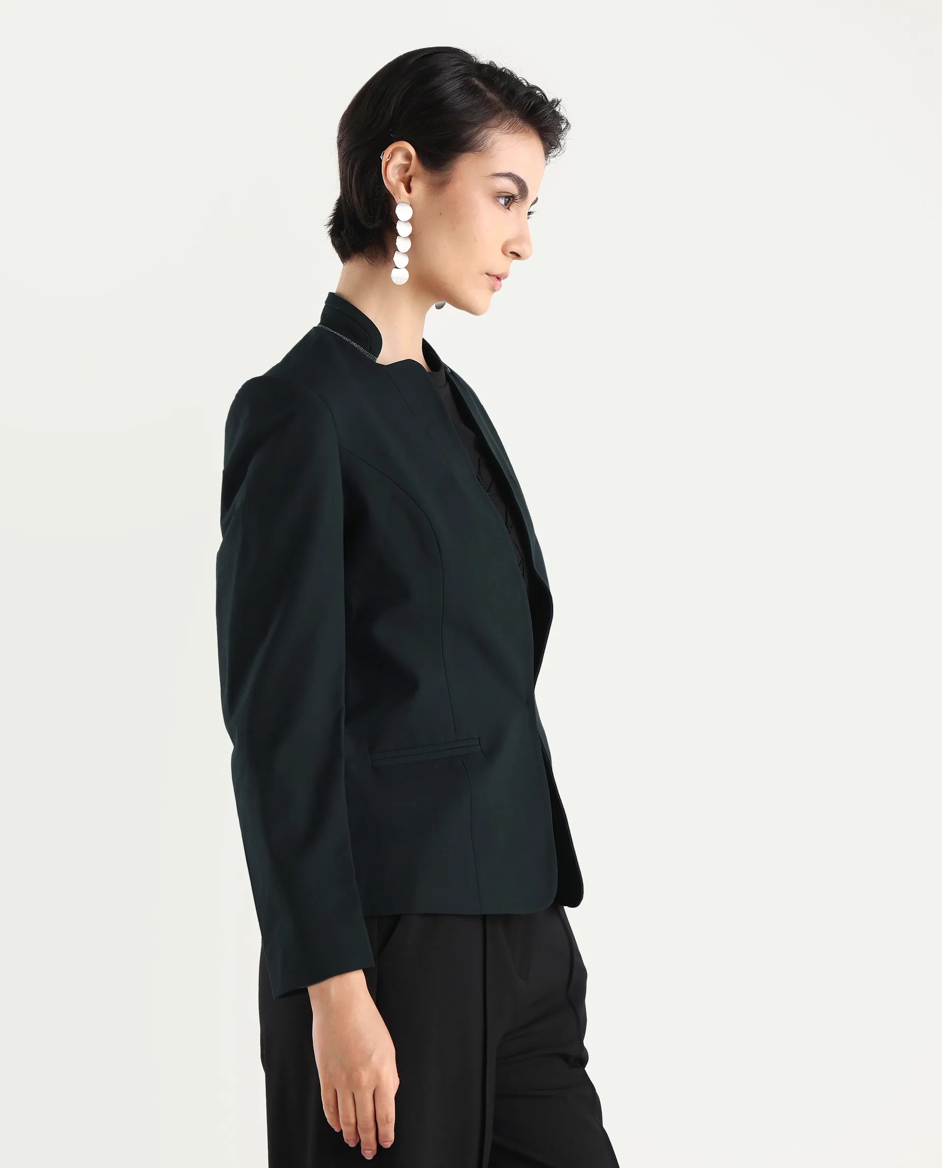 Rareism Women's Tasmania Dark Green Mandarin Collar Plain Regular Fit Jacket