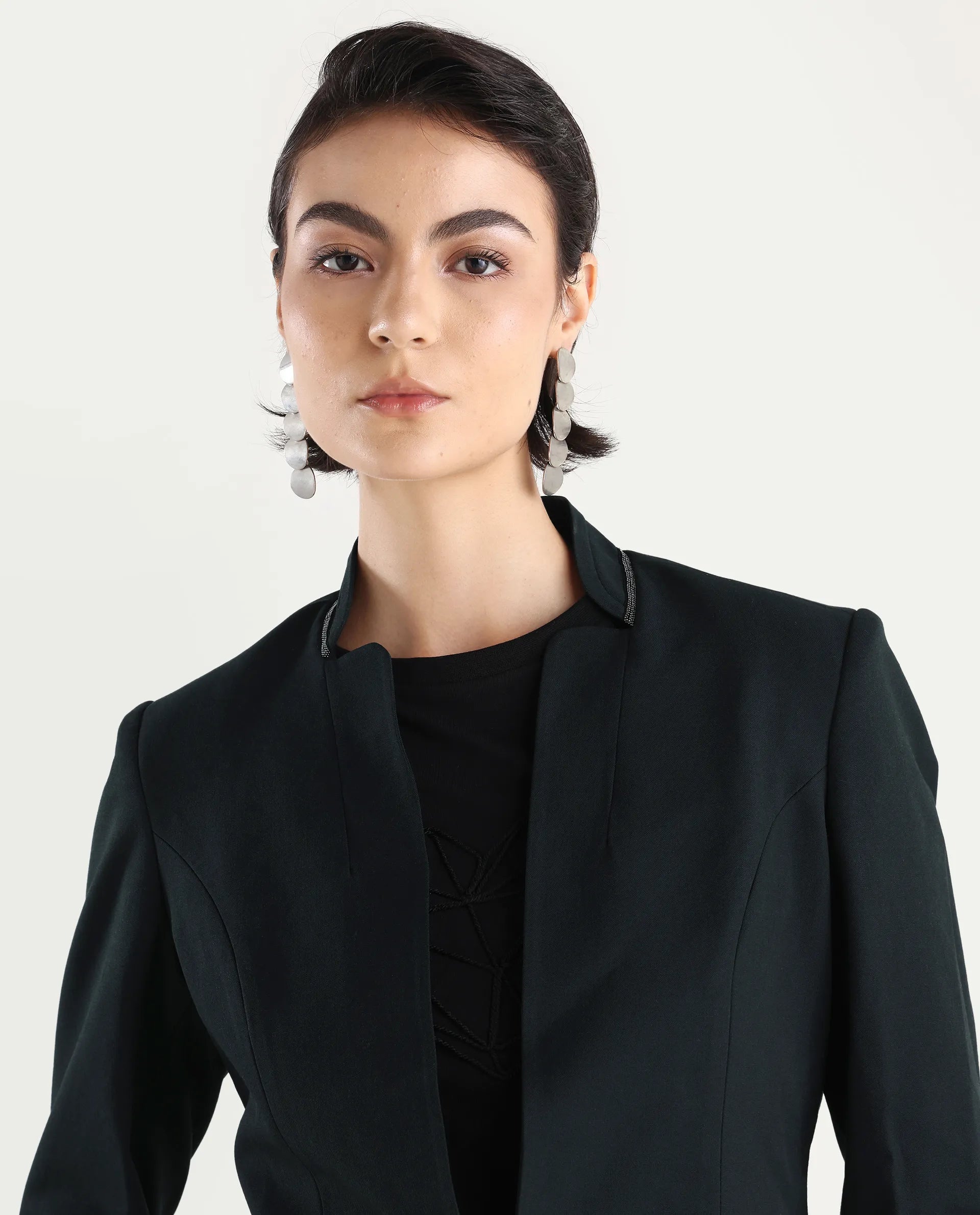 Rareism Women's Tasmania Dark Green Mandarin Collar Plain Regular Fit Jacket