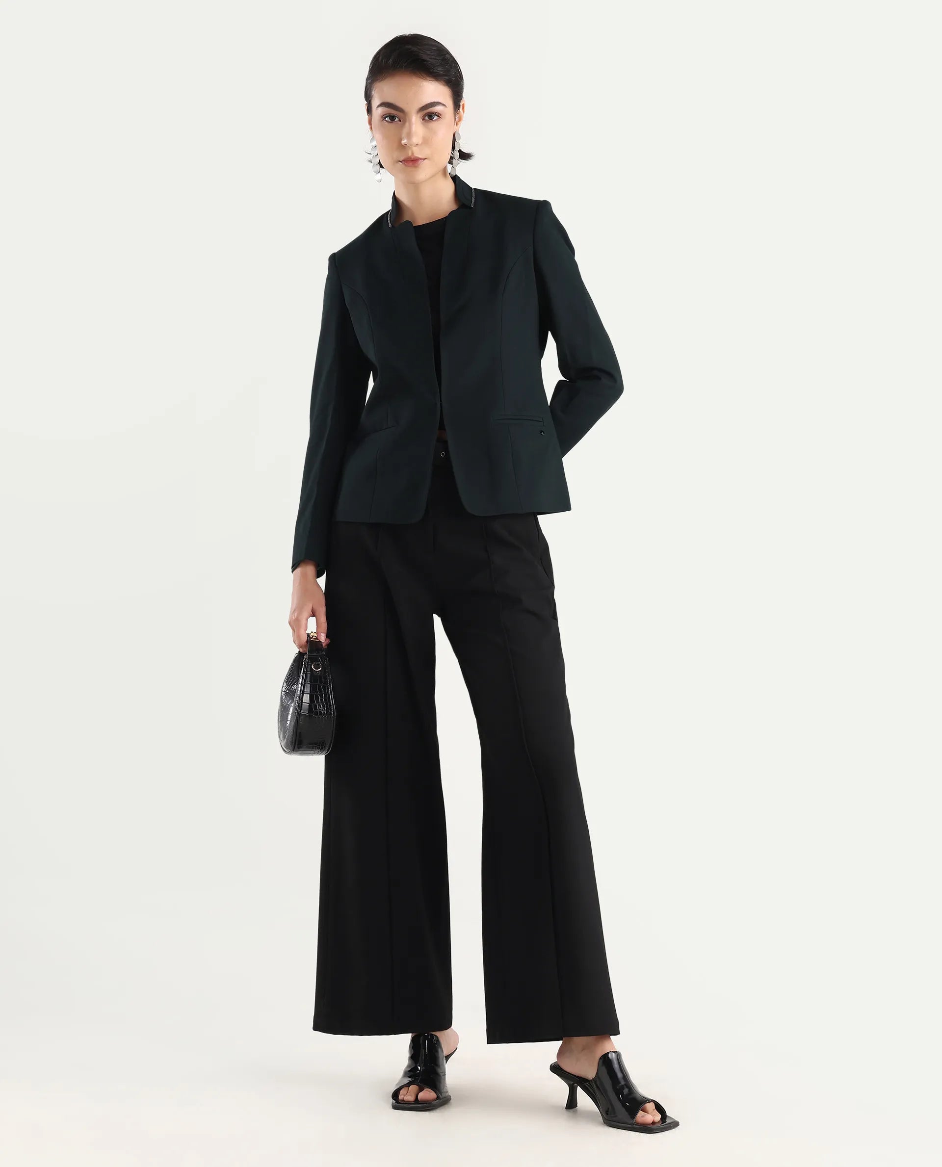 Rareism Women's Tasmania Dark Green Mandarin Collar Plain Regular Fit Jacket