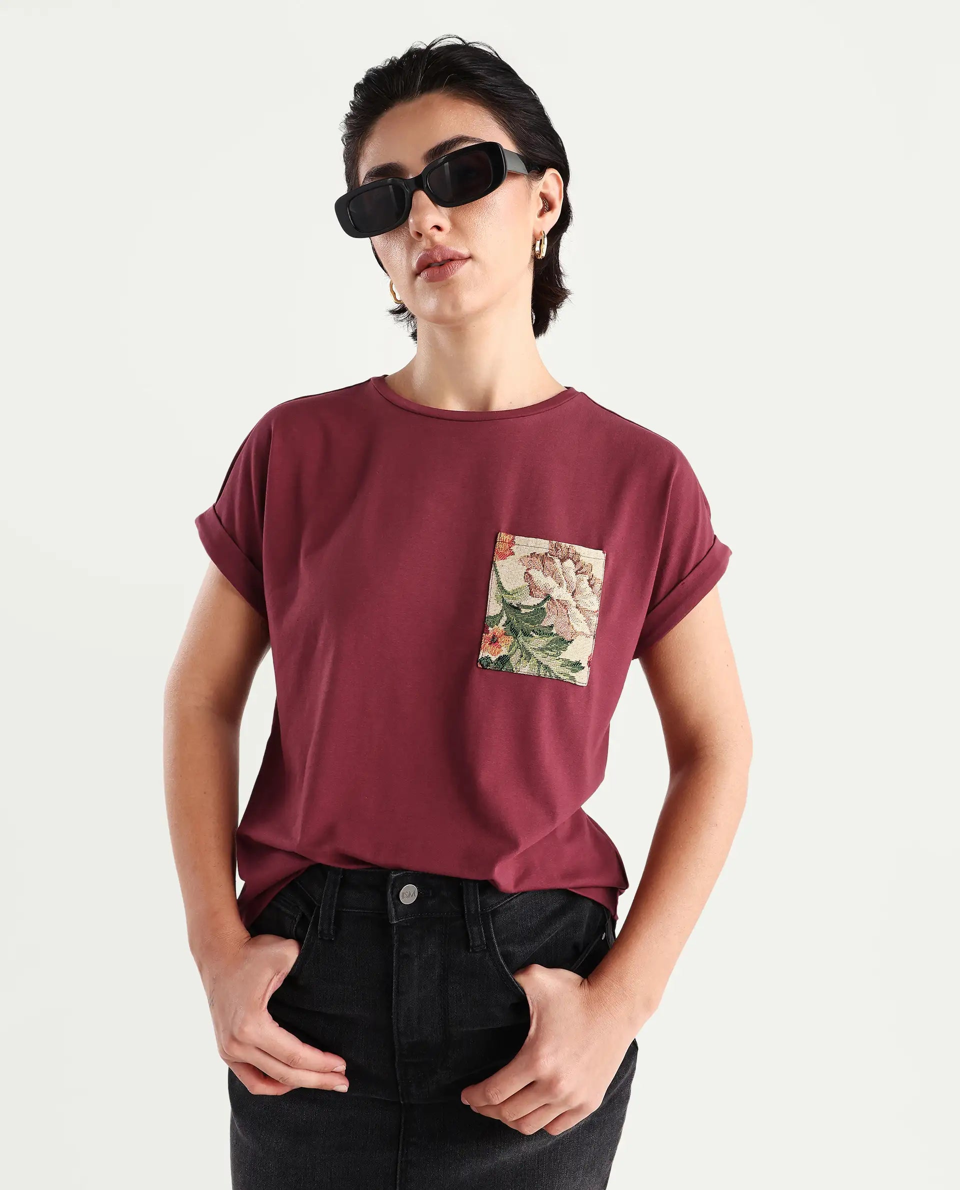 Rareism Women's Tasse Maroon Cotton Blend Crew Neck Graphic Print Extended Sleeves Relaxed Fit T-Shirt