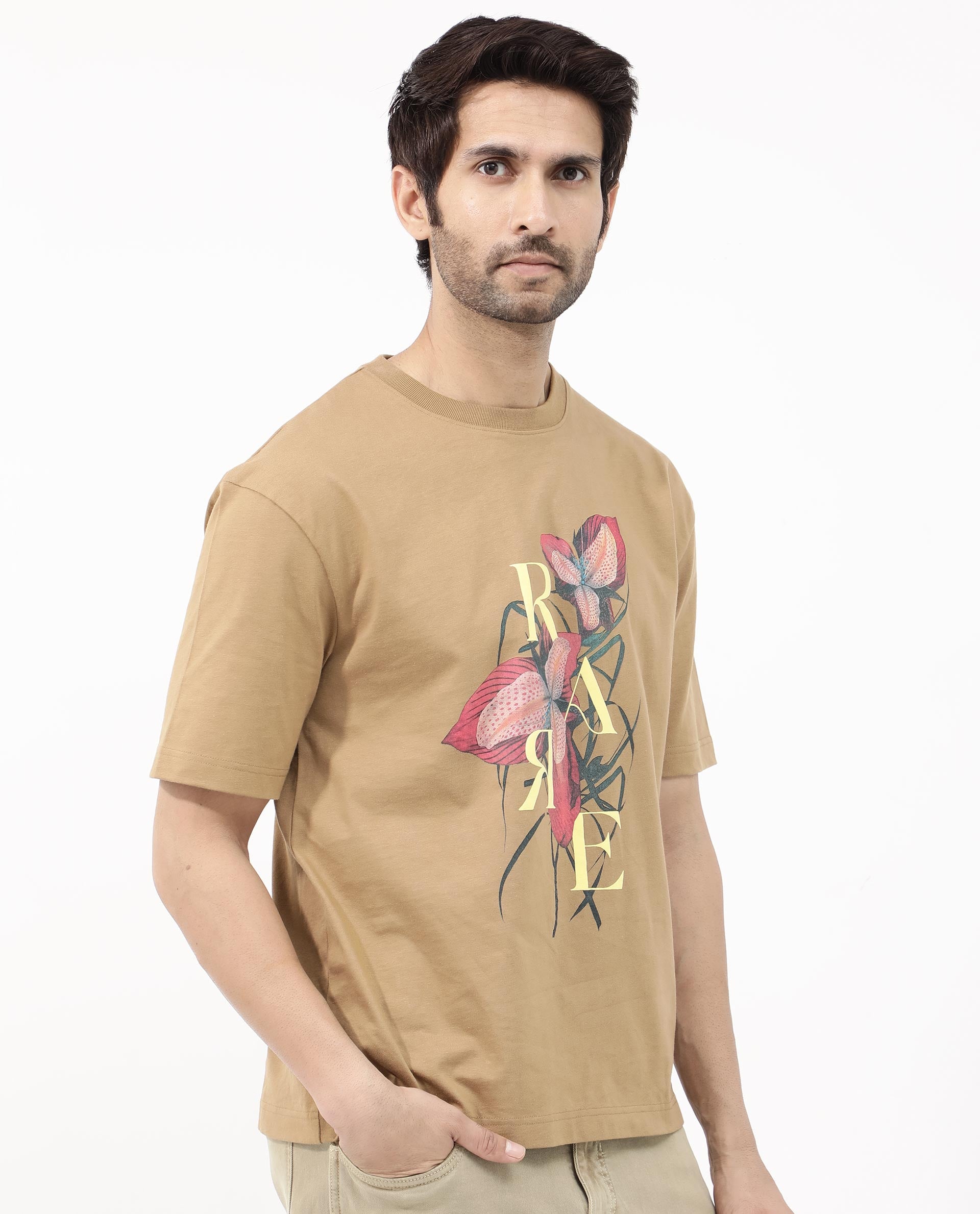 Rare Rabbit Articale Mens Tate Brown Cotton Fabric Short Sleeve Crew Neck Oversized Fit Printed T-Shirt