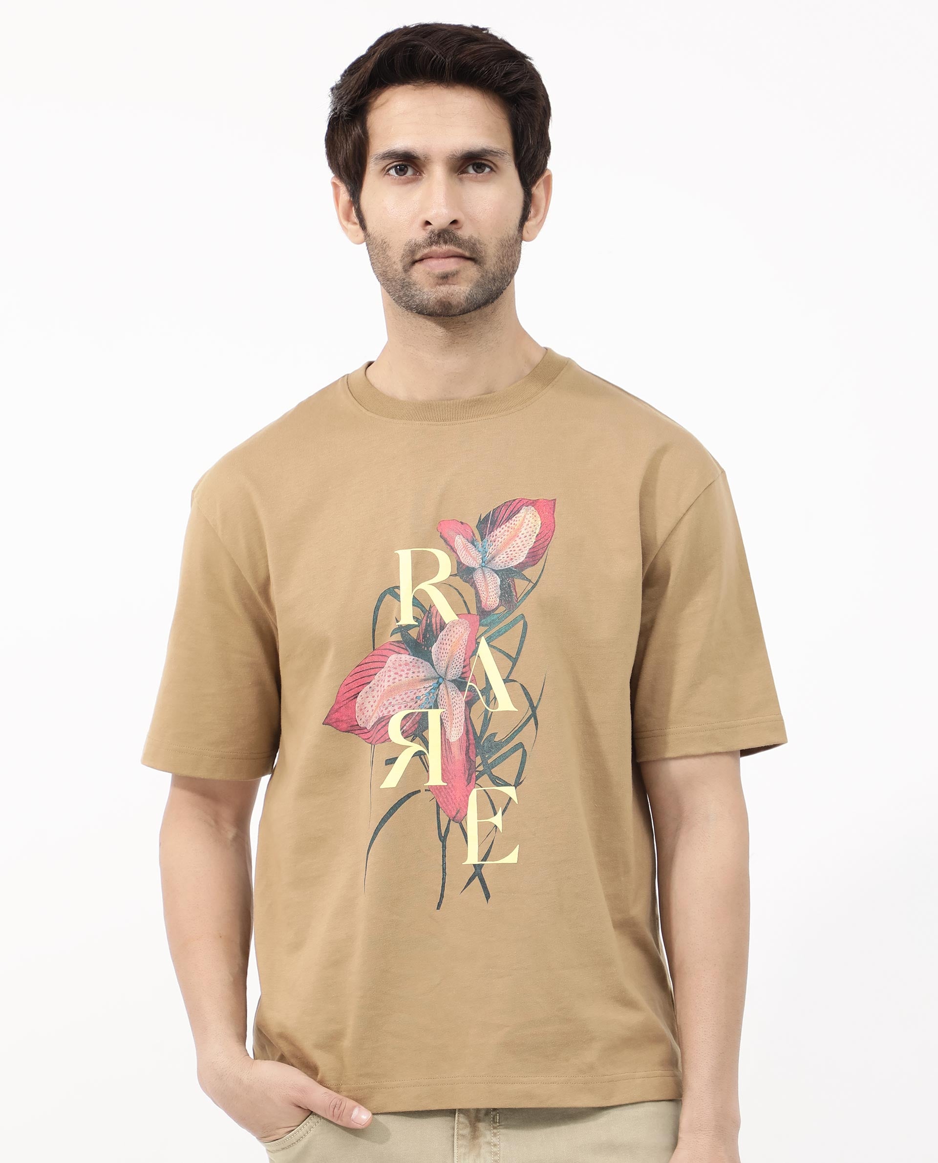 Rare Rabbit Articale Mens Tate Brown Cotton Fabric Short Sleeve Crew Neck Oversized Fit Printed T-Shirt