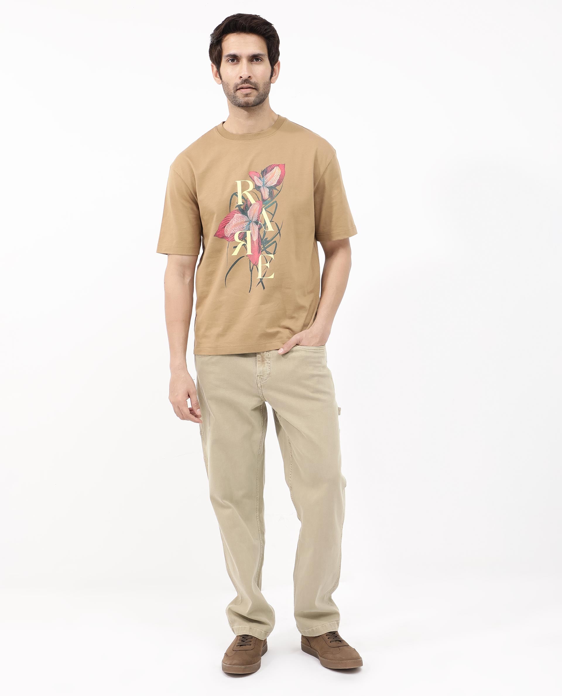 Rare Rabbit Articale Mens Tate Brown Cotton Fabric Short Sleeve Crew Neck Oversized Fit Printed T-Shirt