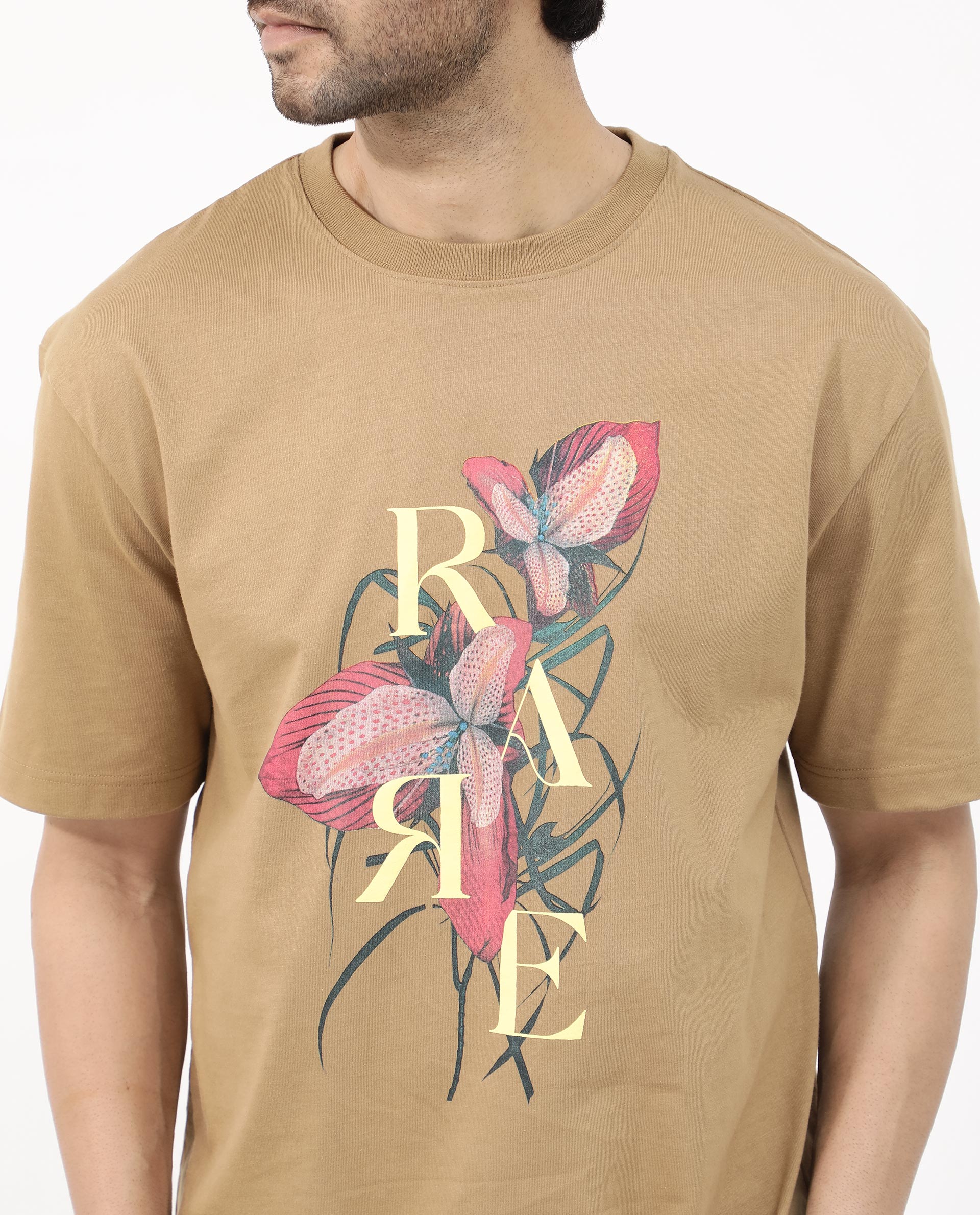 Rare Rabbit Articale Mens Tate Brown Cotton Fabric Short Sleeve Crew Neck Oversized Fit Printed T-Shirt
