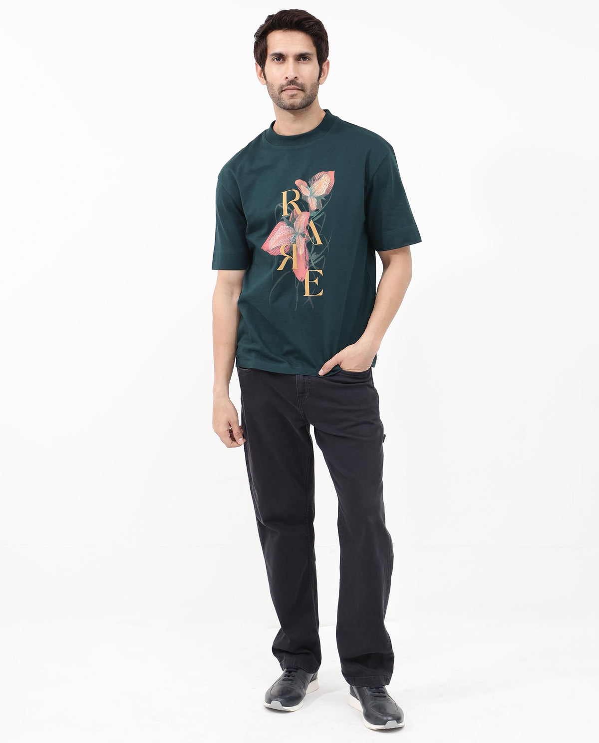 Rare Rabbit Articale Mens Tate Dark Teal Cotton Fabric Short Sleeve Crew Neck Oversized Fit Printed T-Shirt