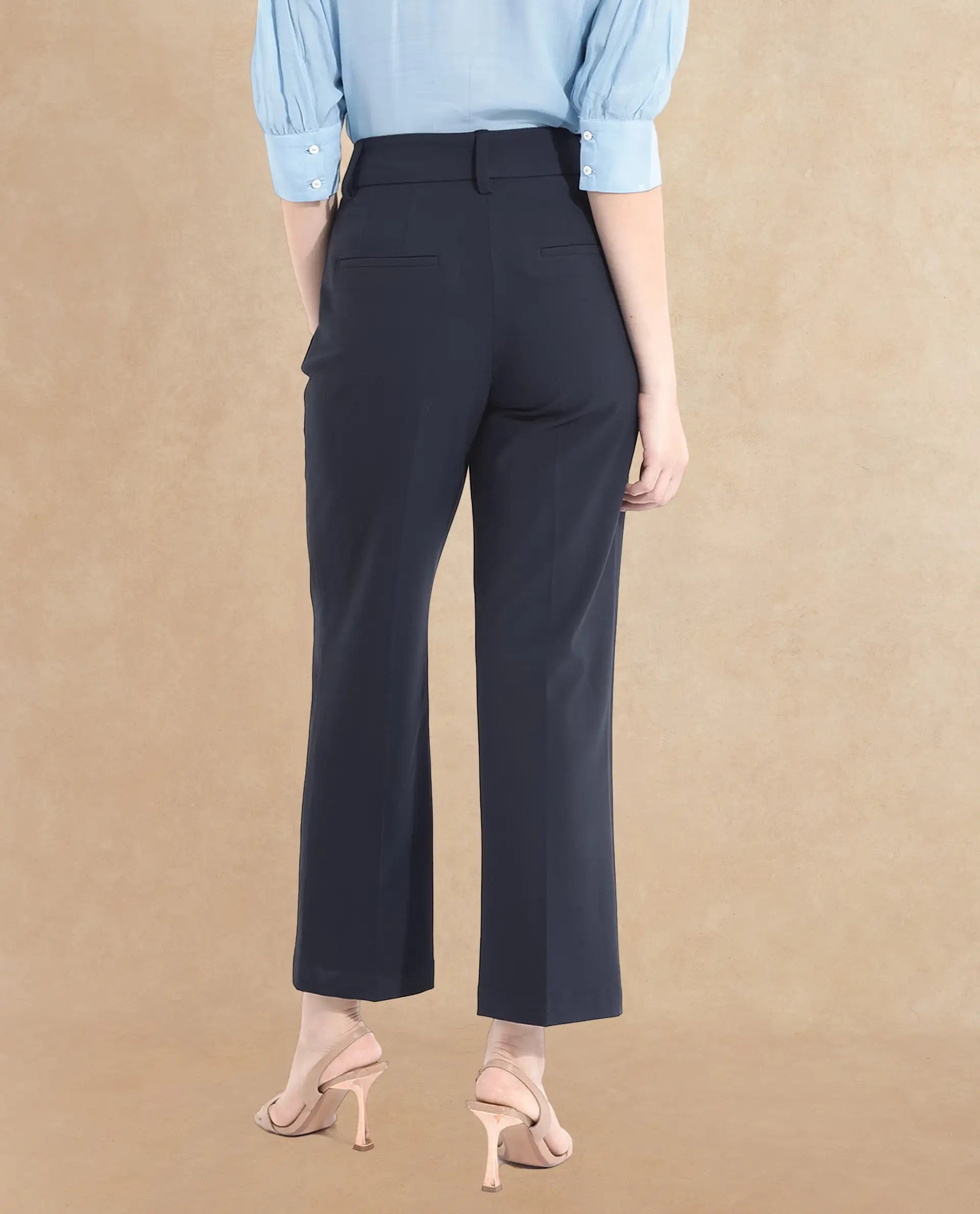 Rareism Women's Tatsa Navy Polyester Blend Plain Ankle Length Straight Fit Trouser