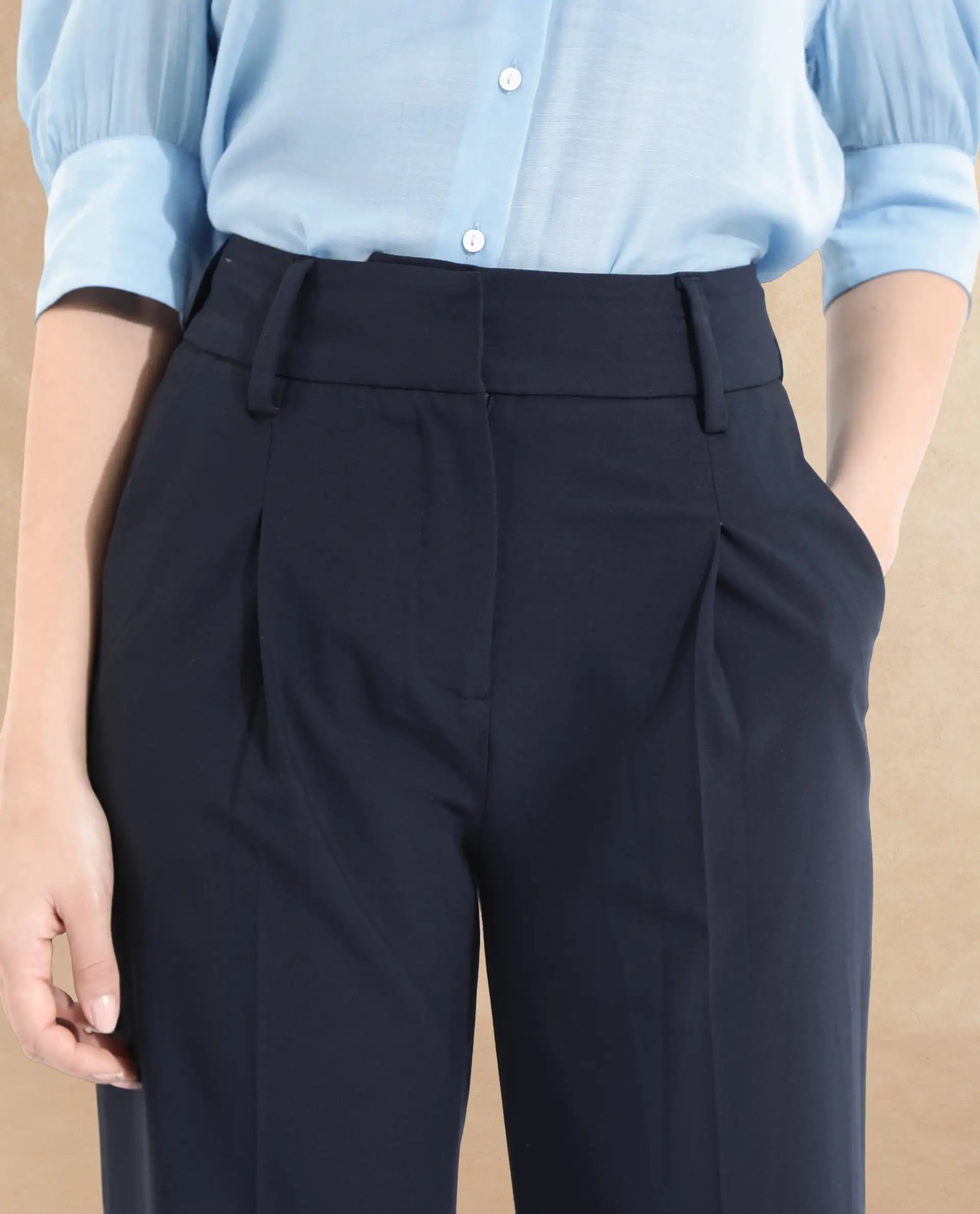 Rareism Women's Tatsa Navy Polyester Blend Plain Ankle Length Straight Fit Trouser