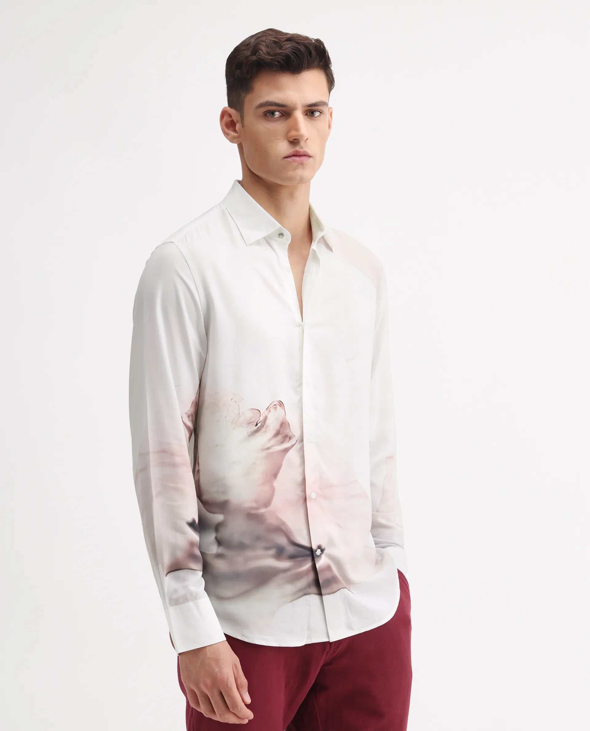 Rare Rabbit Men's Tavi White Viscose Floral Print Regular Fit Full Sleeve Collared Shirt