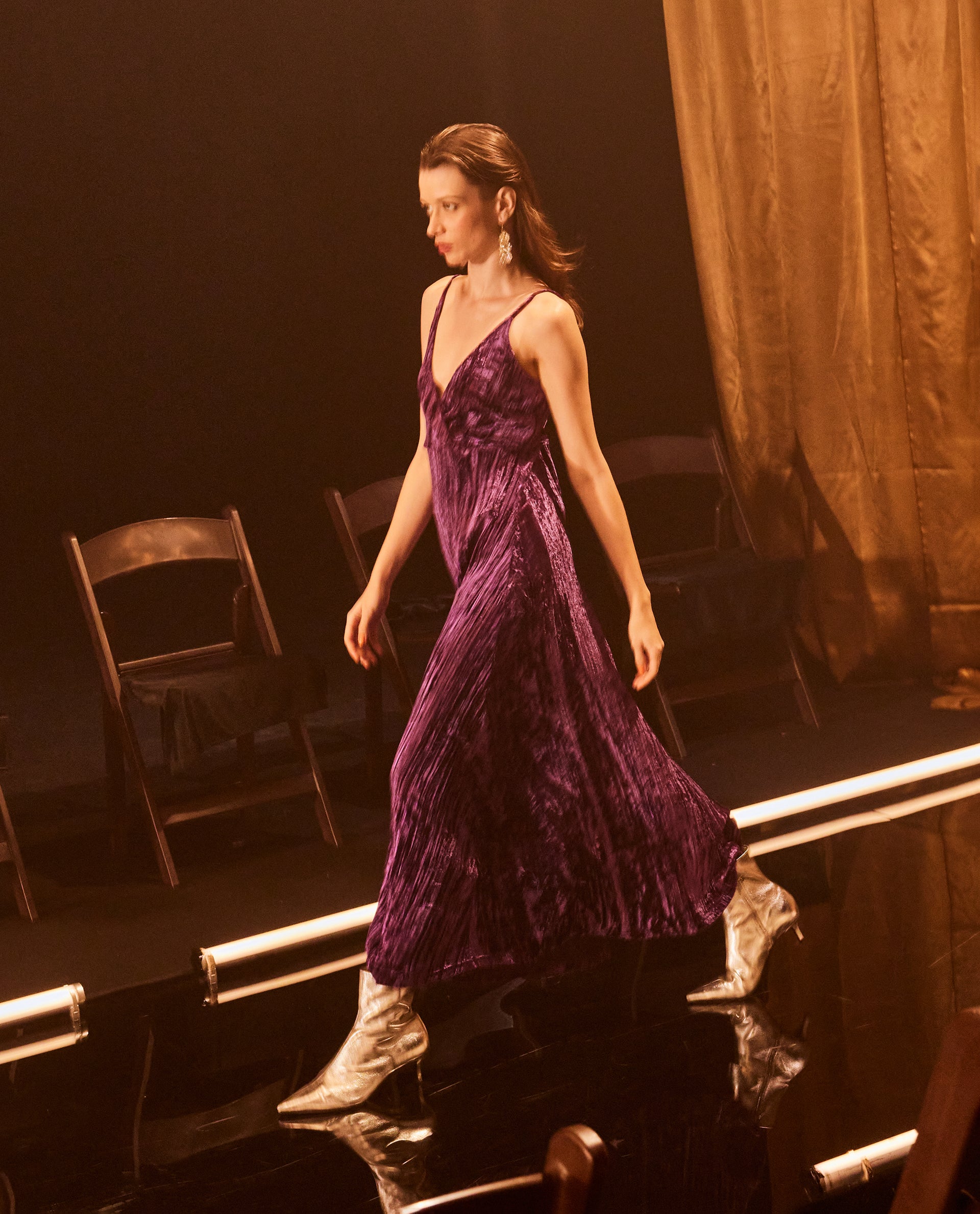 Rareism Women Harbo Purple Velvet Sleeveless Shoulder Straps Zipper Closure Fit And Flare Maxi Plain Dress