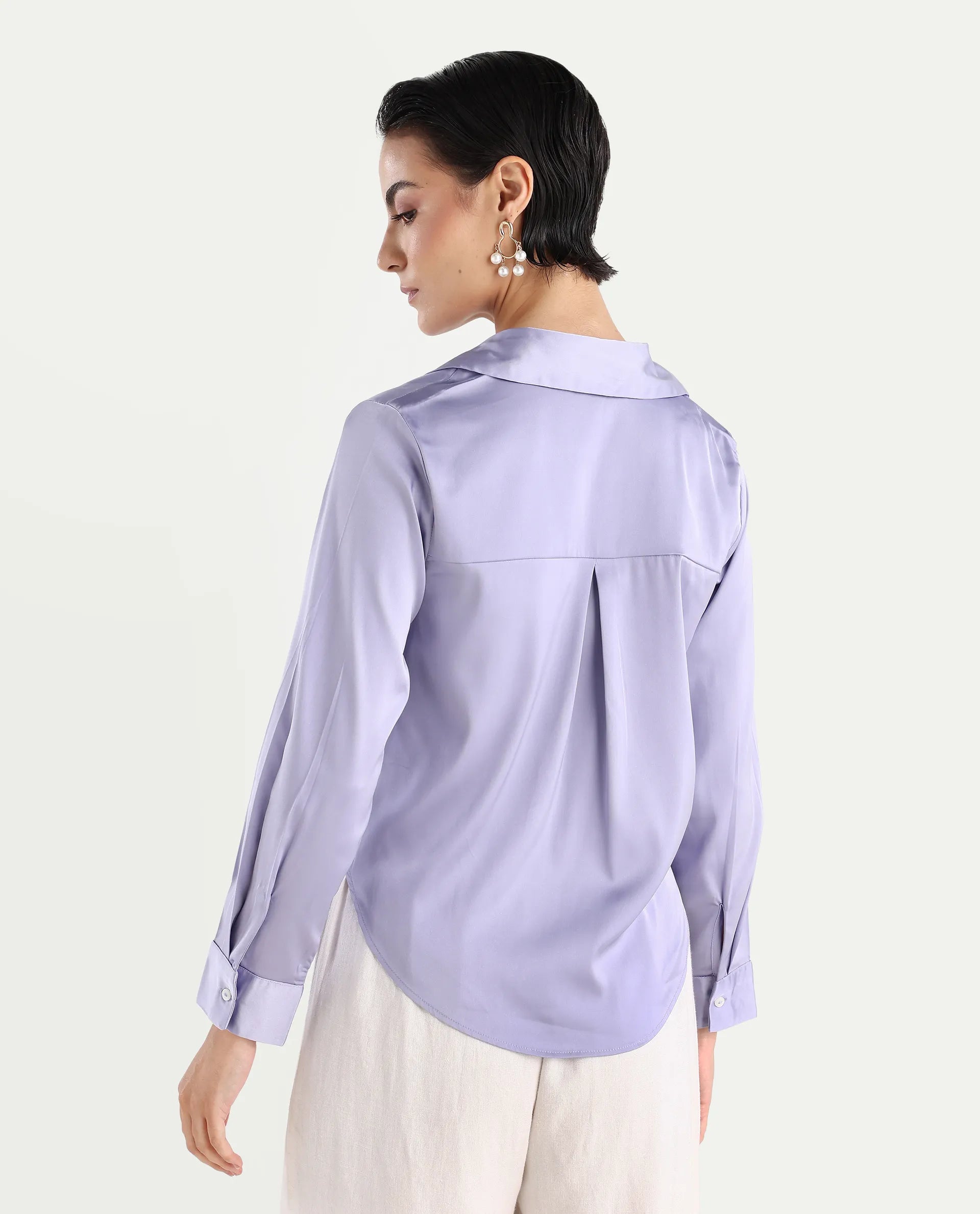 Rareism Women's Teen Light Purple Satin Drop Collar Plain Cuffed Sleeve Regular Fit Top
