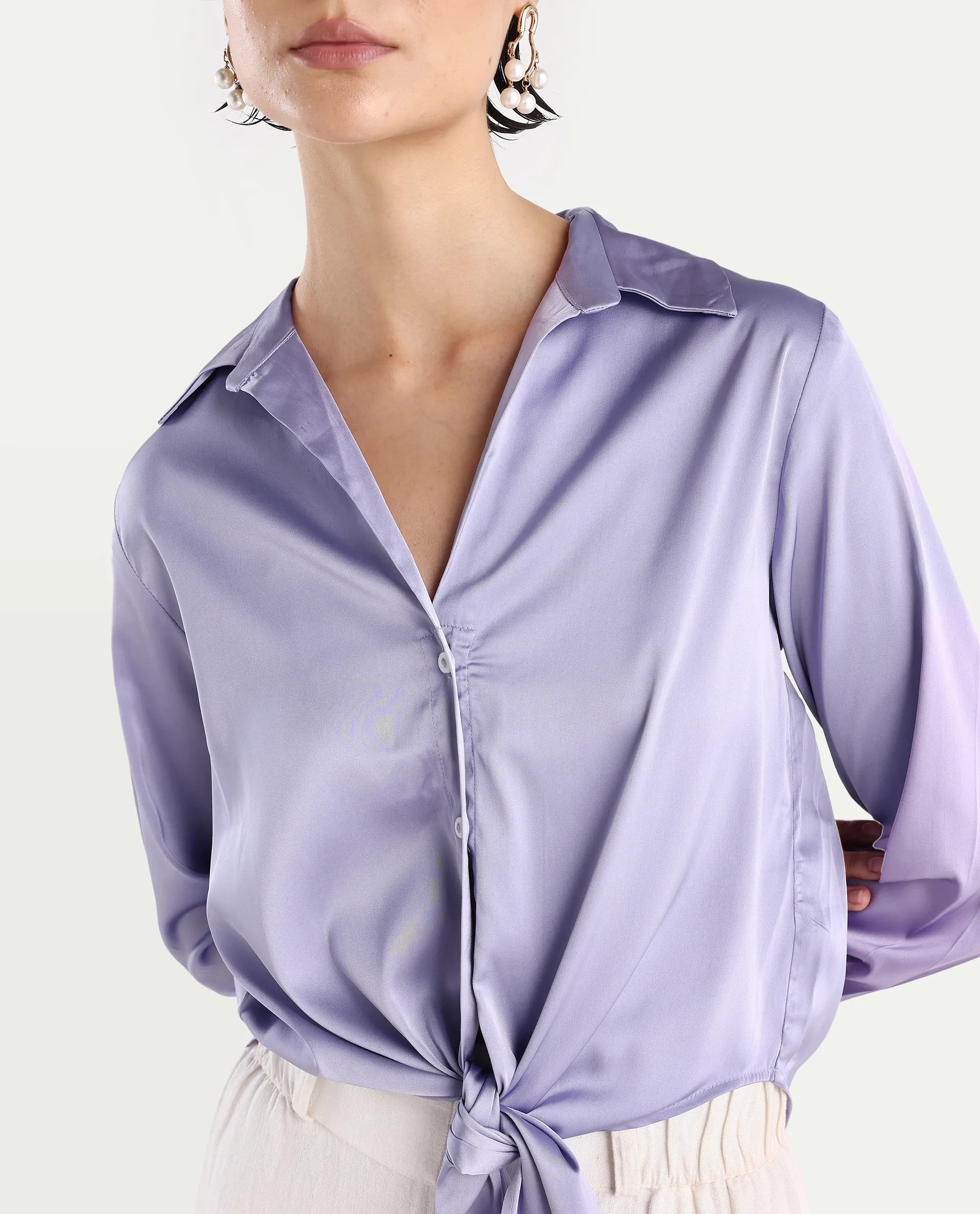 Rareism Women's Teen Light Purple Satin Drop Collar Plain Cuffed Sleeve Regular Fit Top