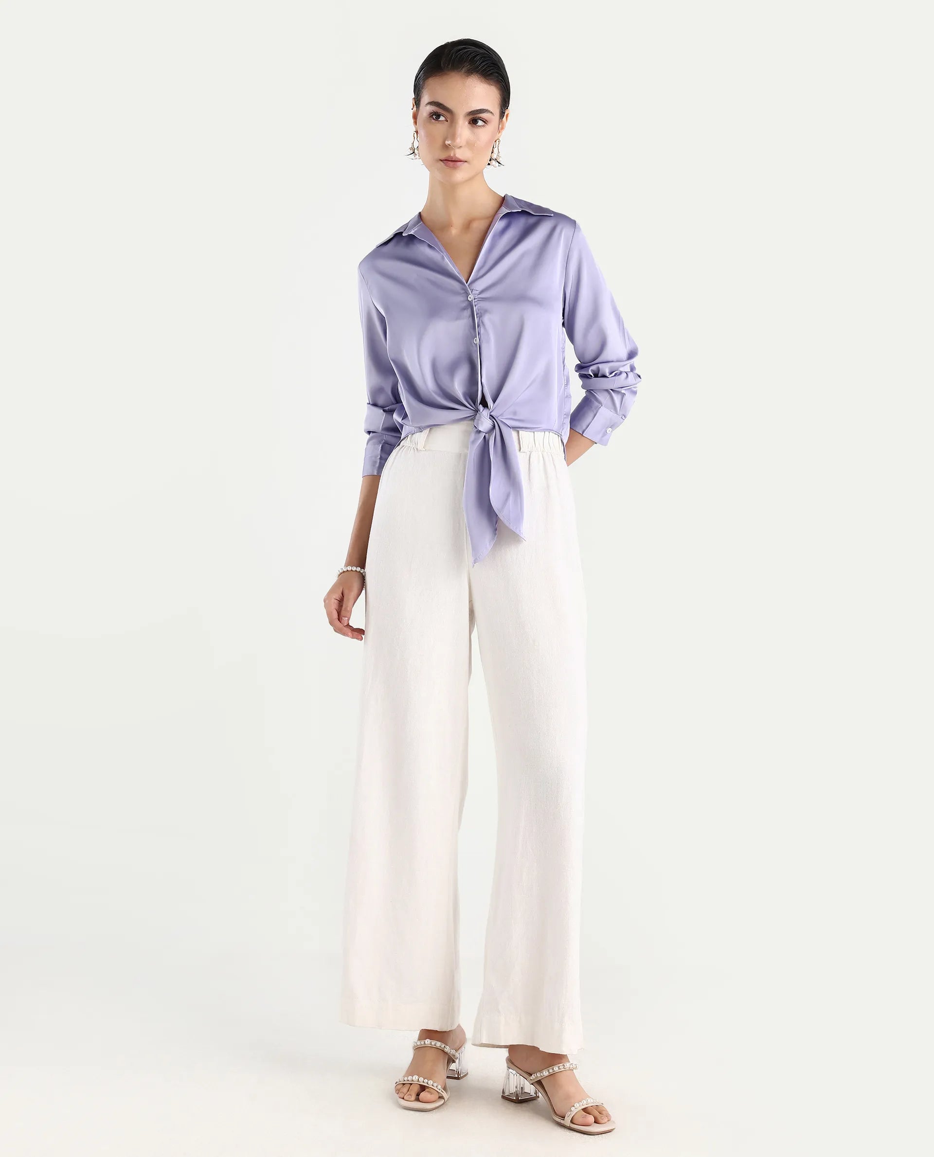 Rareism Women's Teen Light Purple Satin Drop Collar Plain Cuffed Sleeve Regular Fit Top