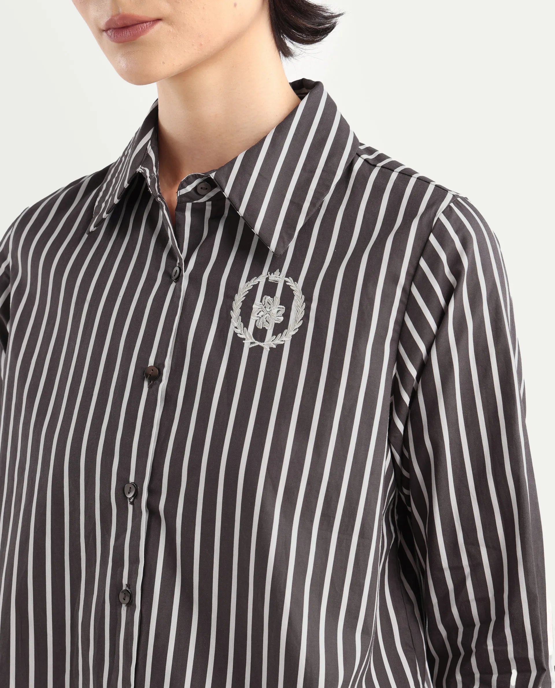 Rareism Women's Teevee Brown Cotton Drop Collar Striped Cuffed Sleeve Regular Fit Shirt