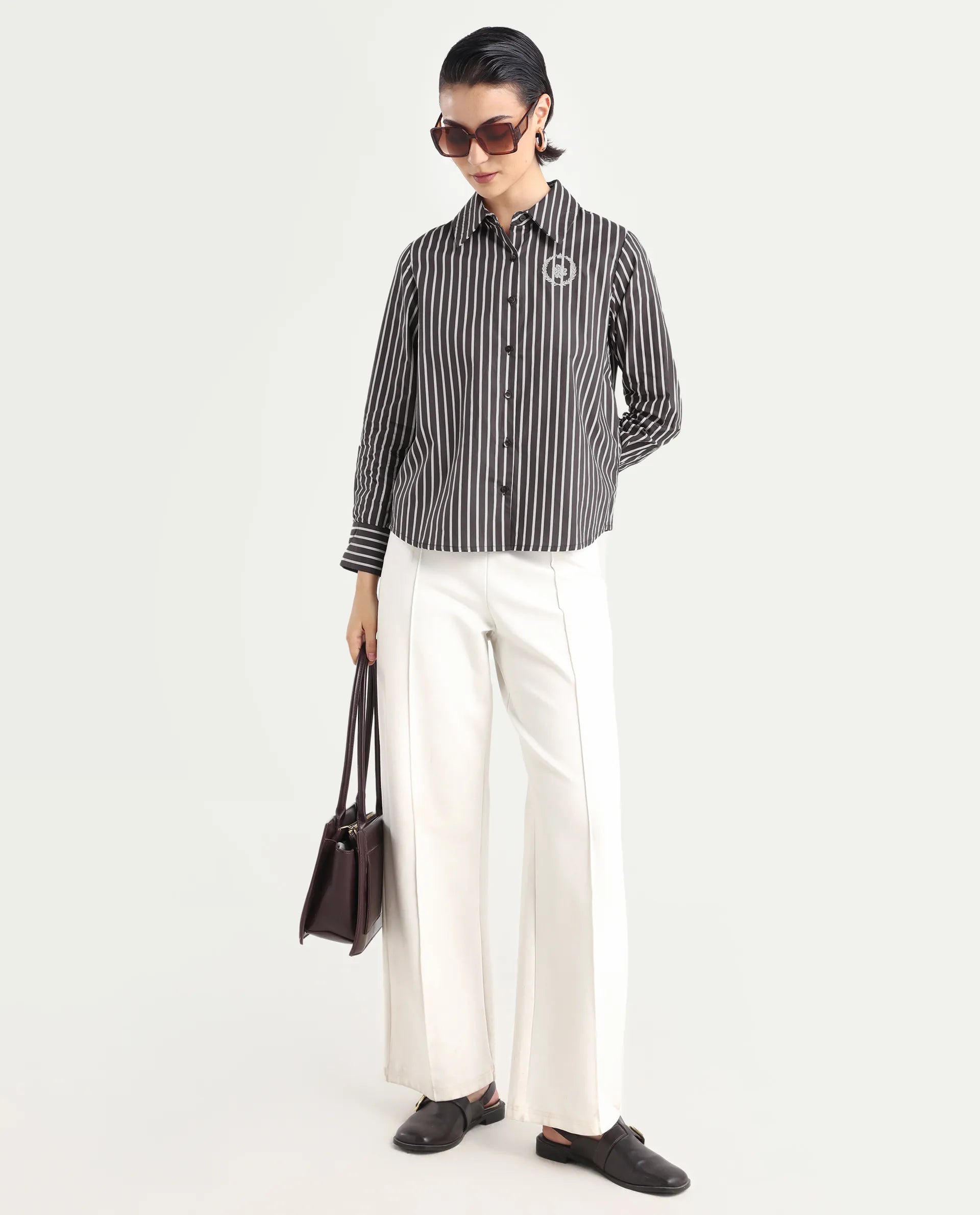 Rareism Women's Teevee Brown Cotton Drop Collar Striped Cuffed Sleeve Regular Fit Shirt