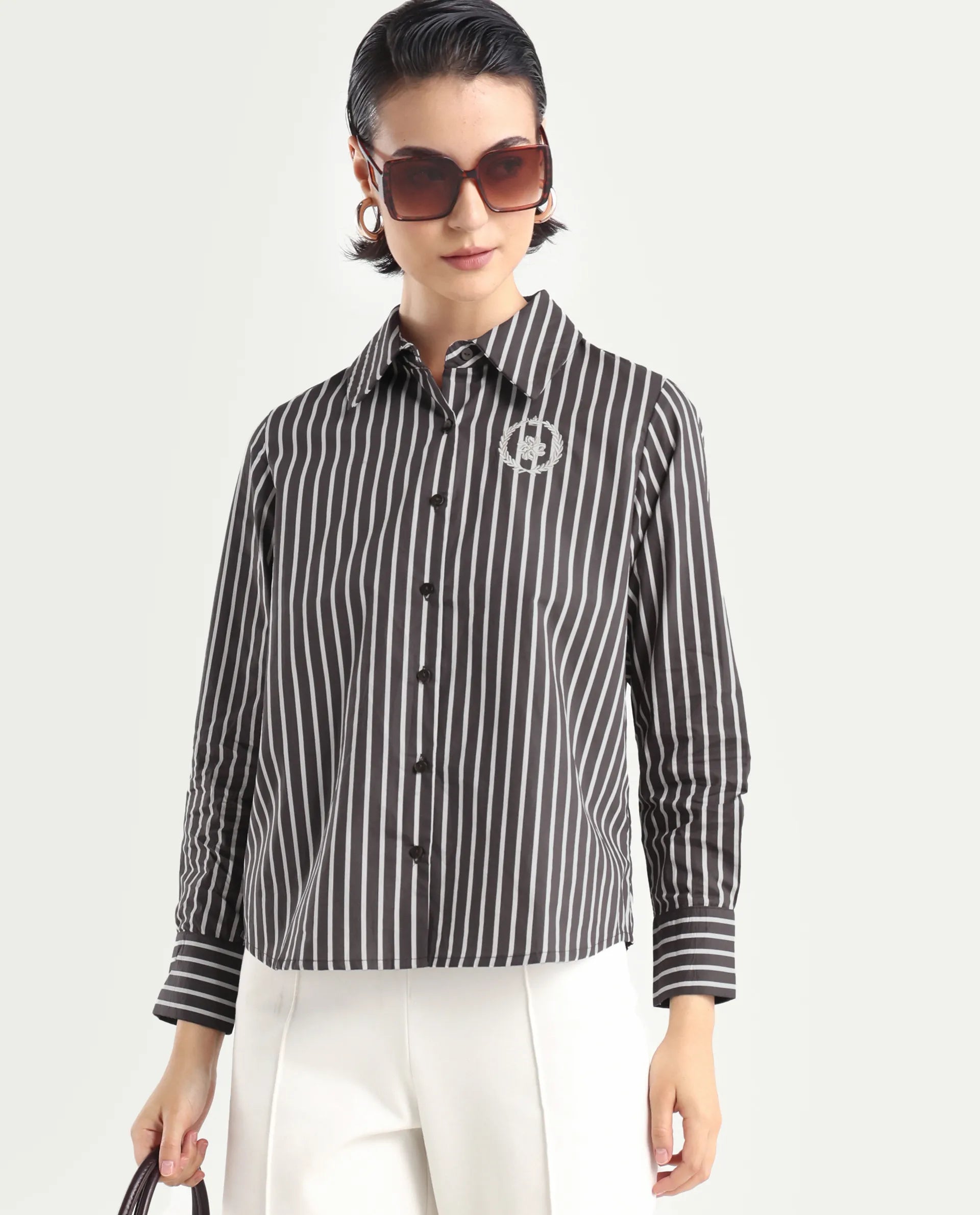 Rareism Women's Teevee Brown Cotton Drop Collar Striped Cuffed Sleeve Regular Fit Shirt