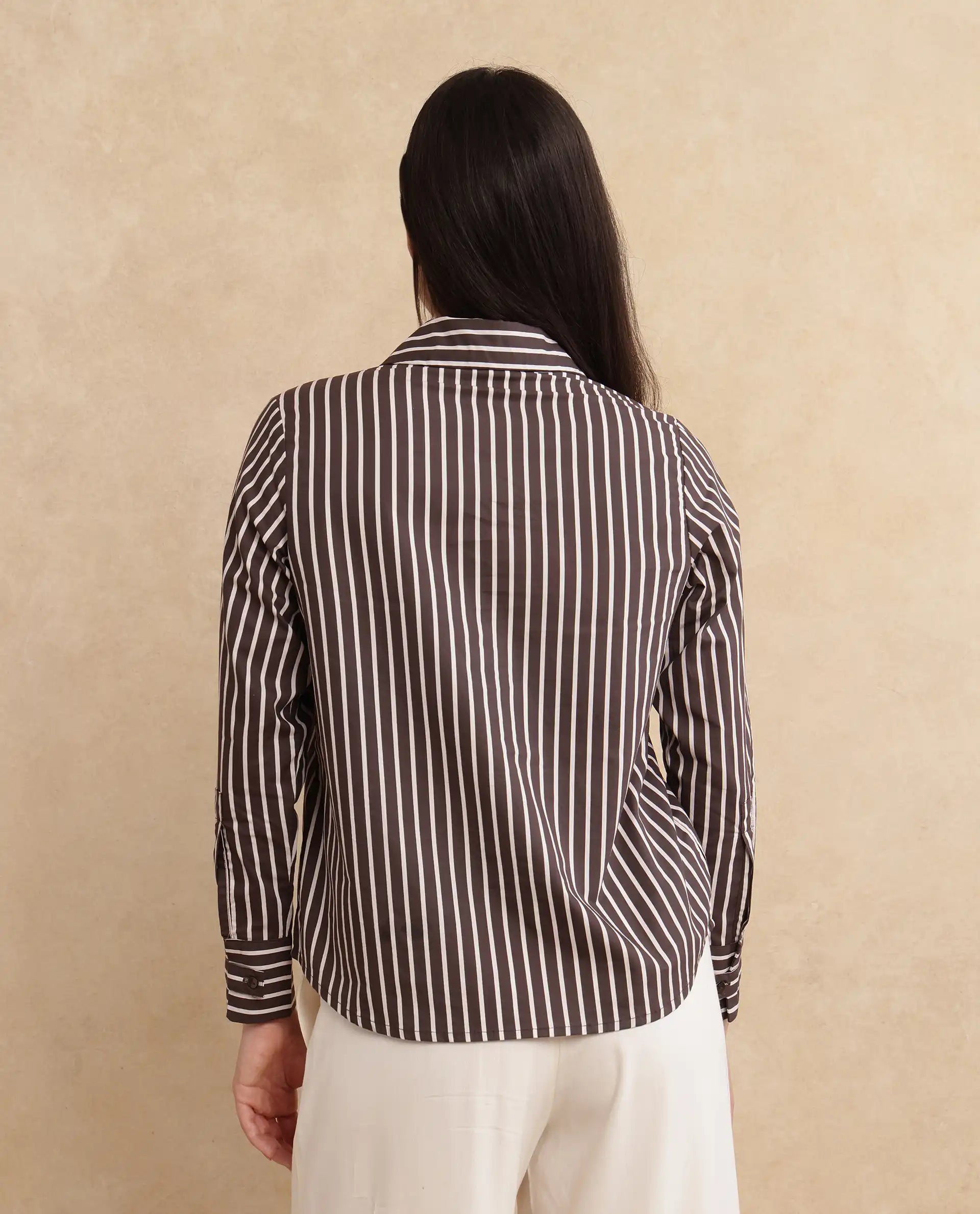 Rareism Women Teevee Brown Cuffed Sleeve Collared Neck Button Closure Narrow Stripes Shirt