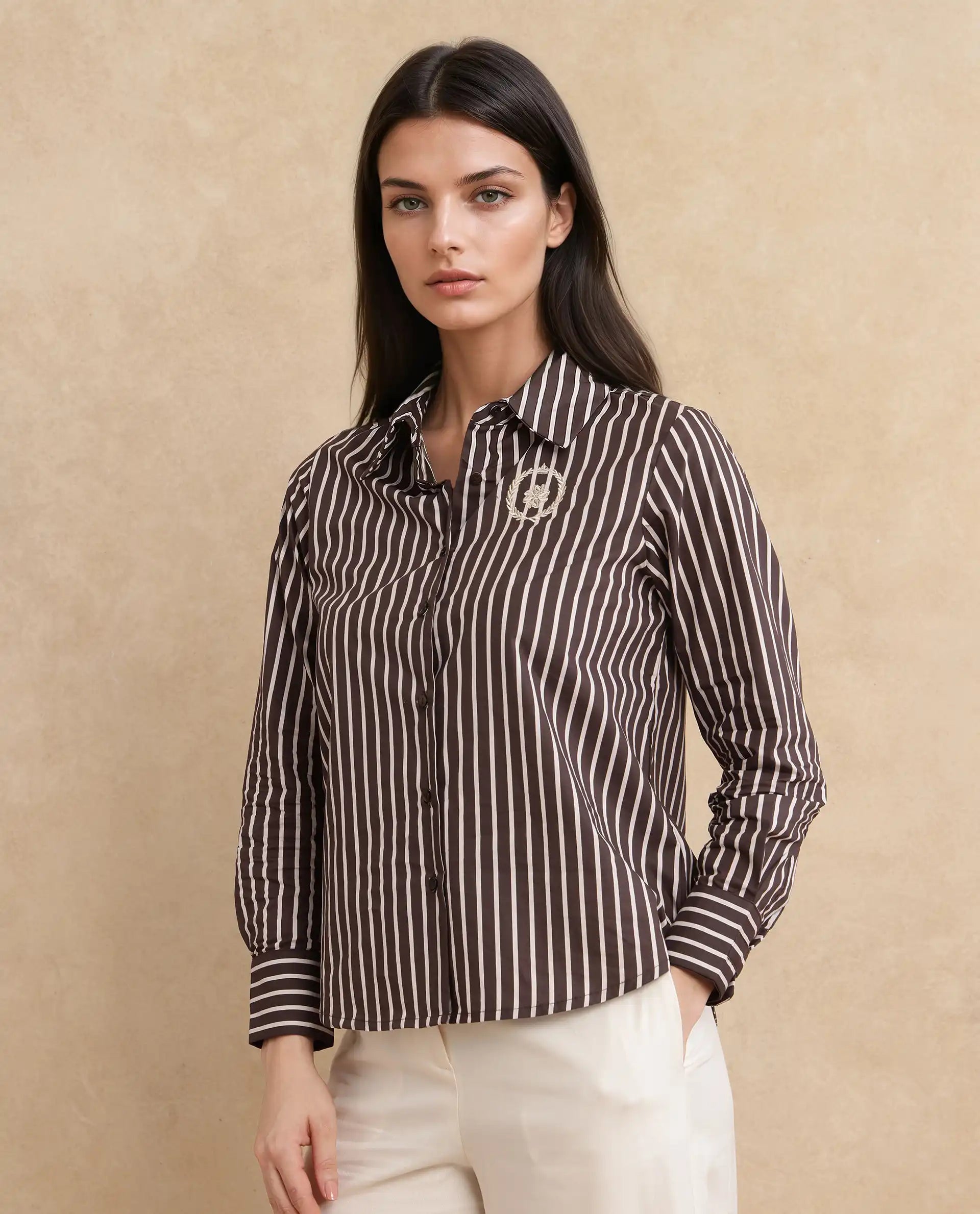 Rareism Women Teevee Brown Cuffed Sleeve Collared Neck Button Closure Narrow Stripes Shirt