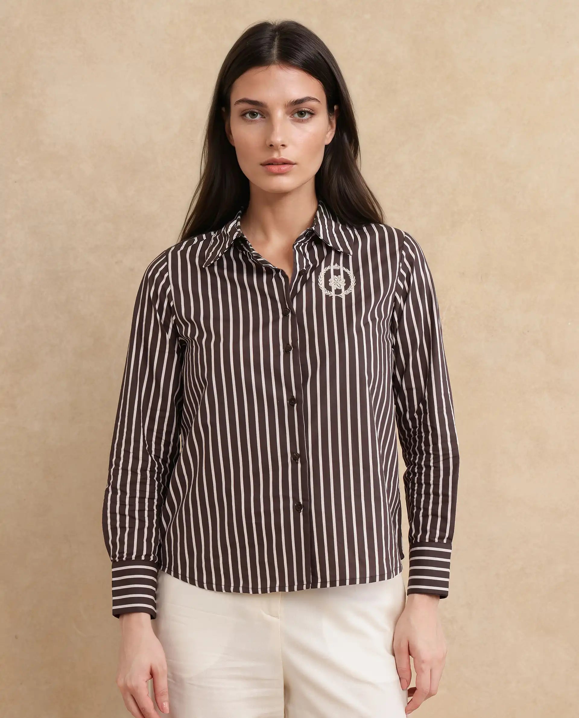 Rareism Women Teevee Brown Cuffed Sleeve Collared Neck Button Closure Narrow Stripes Shirt