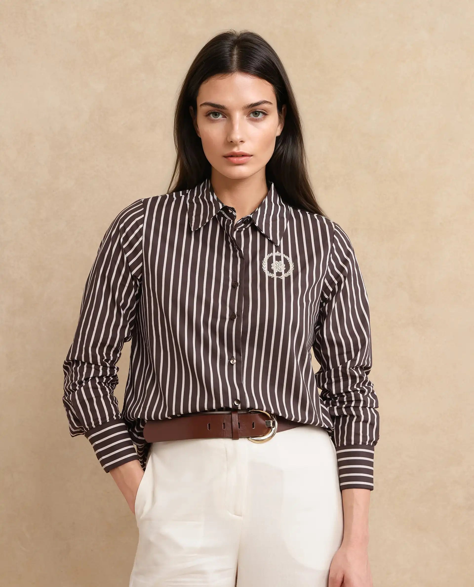 Rareism Women Teevee Brown Cuffed Sleeve Collared Neck Button Closure Narrow Stripes Shirt