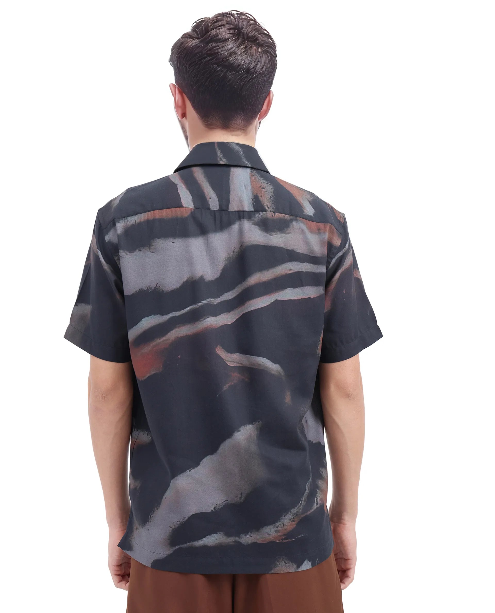 Rare Rabbit Men Tego Black Cotton Blend Fabric Short Sleeve Cuban Collared Abstract Print Shirt