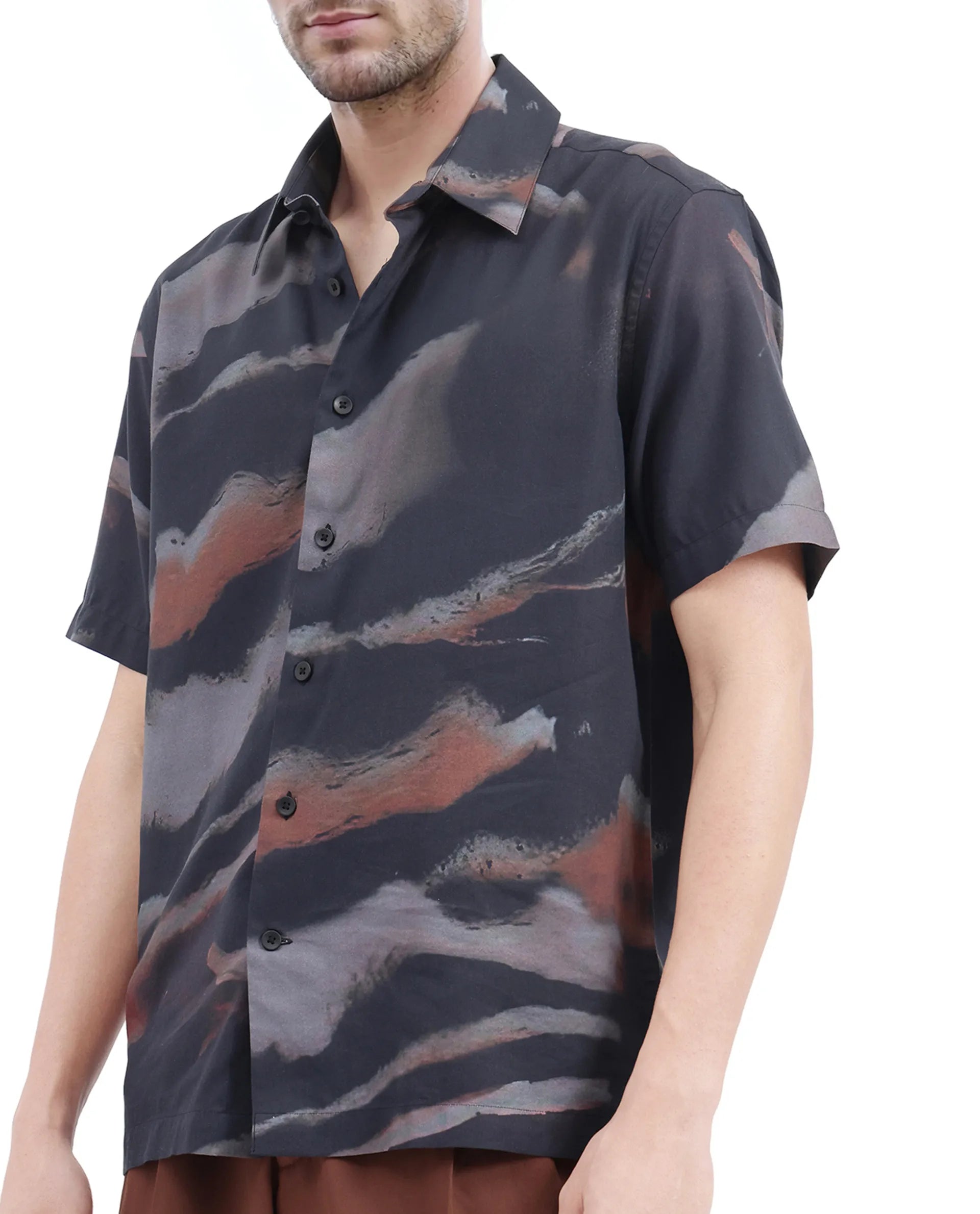 Rare Rabbit Men Tego Black Cotton Blend Fabric Short Sleeve Cuban Collared Abstract Print Shirt