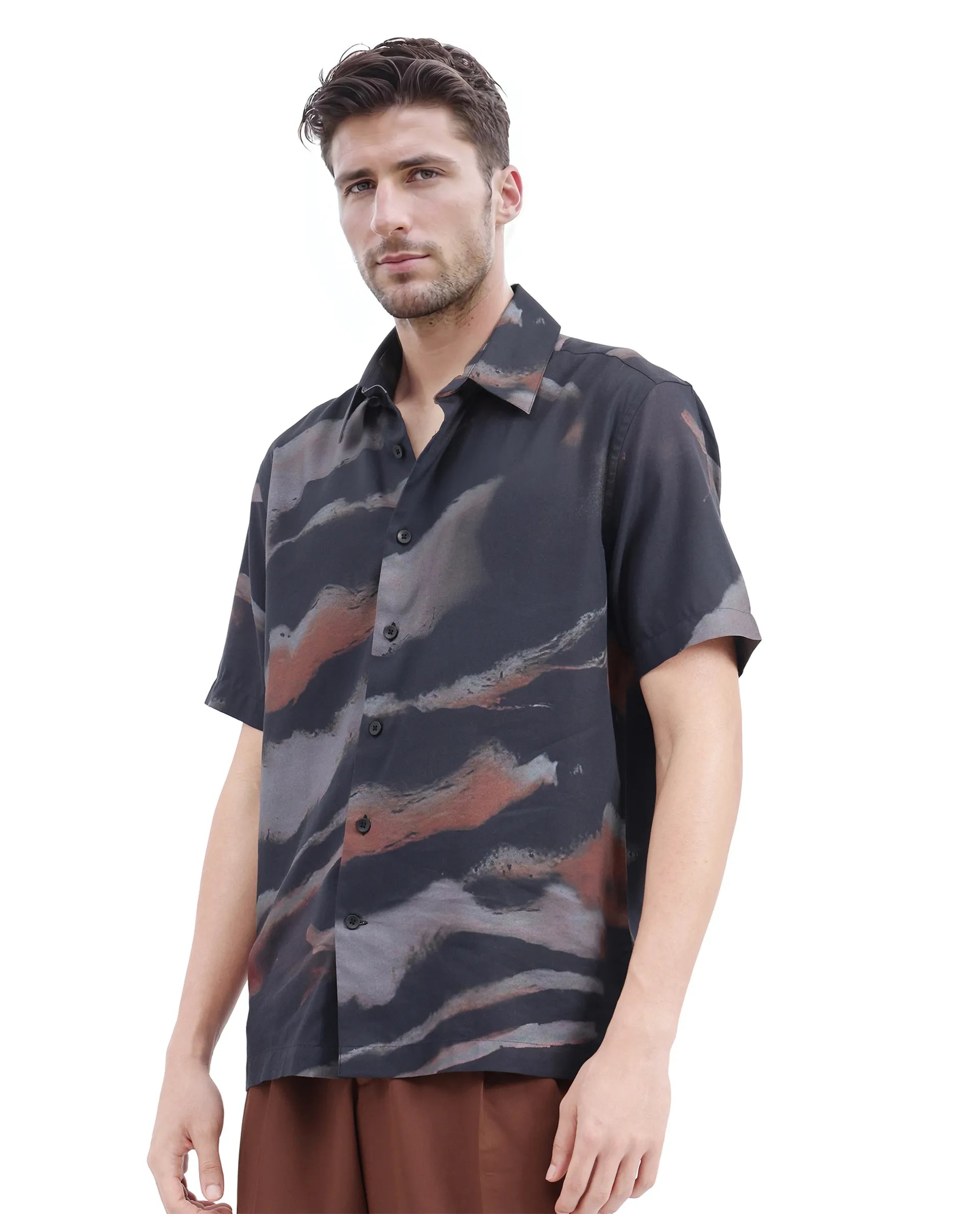 Rare Rabbit Men Tego Black Cotton Blend Fabric Short Sleeve Cuban Collared Abstract Print Shirt