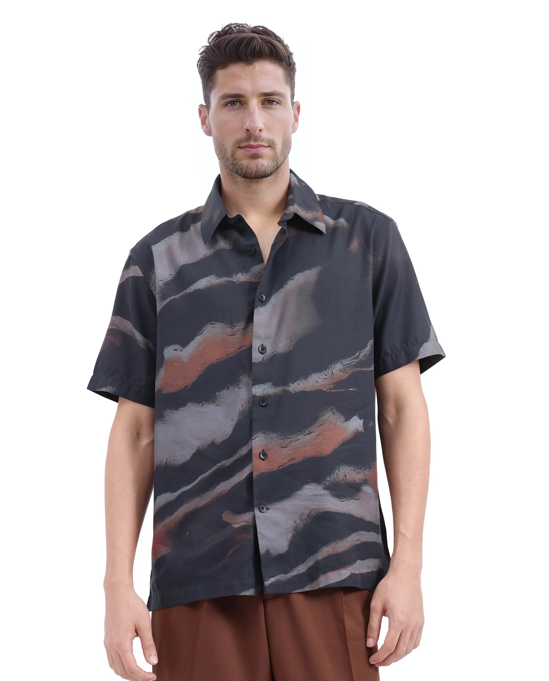 Rare Rabbit Men Tego Black Cotton Blend Fabric Short Sleeve Cuban Collared Abstract Print Shirt
