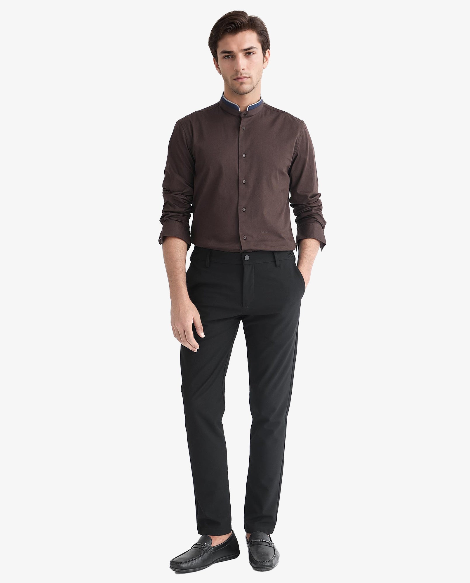 Rare Rabbit Men's Tehran Dark Brown Mandarin Collar Full Sleeves Solid Shirt