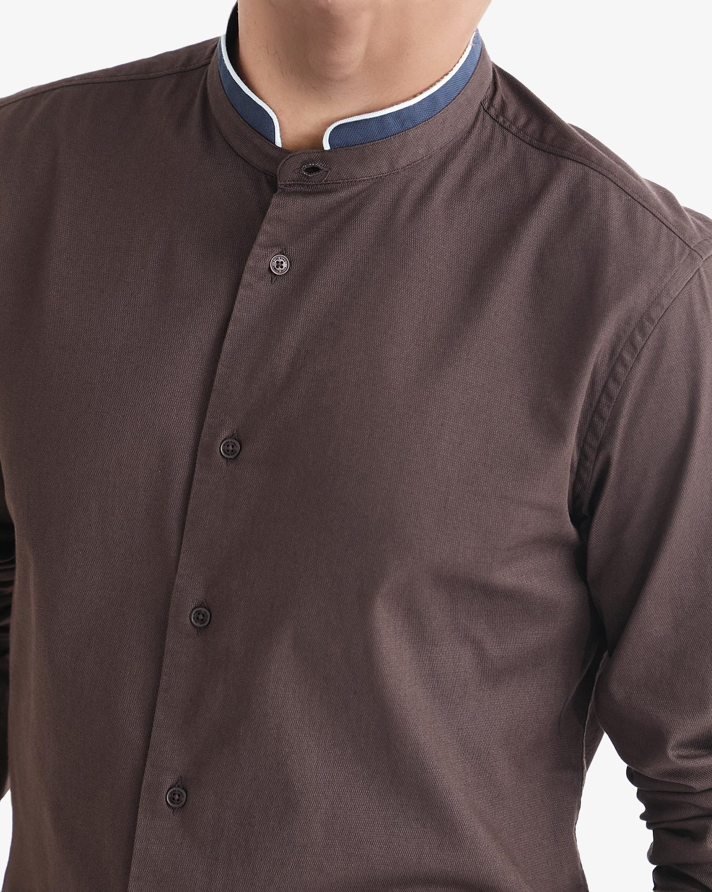 Rare Rabbit Men's Tehran Dark Brown Mandarin Collar Full Sleeves Solid Shirt