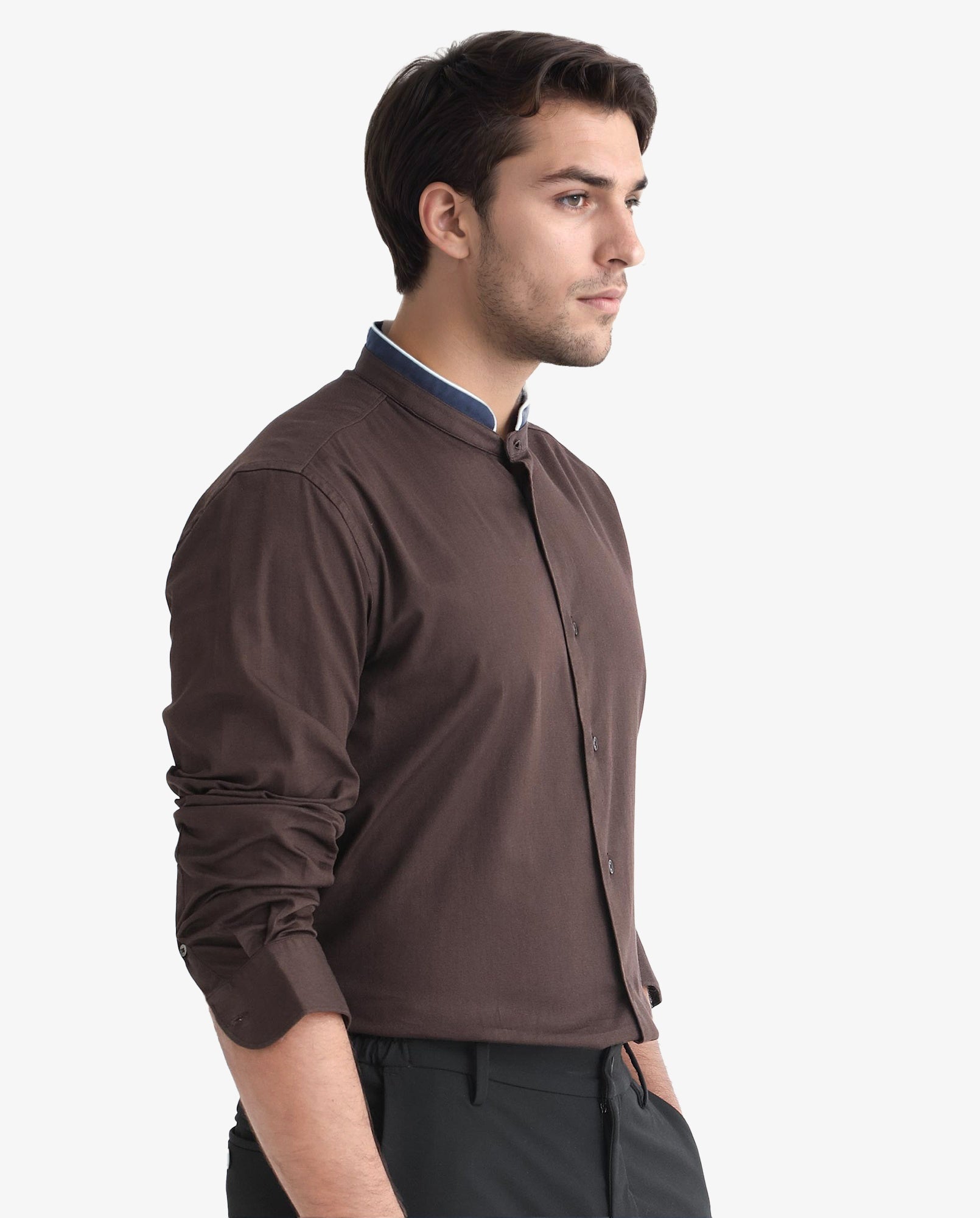 Rare Rabbit Men's Tehran Dark Brown Mandarin Collar Full Sleeves Solid Shirt
