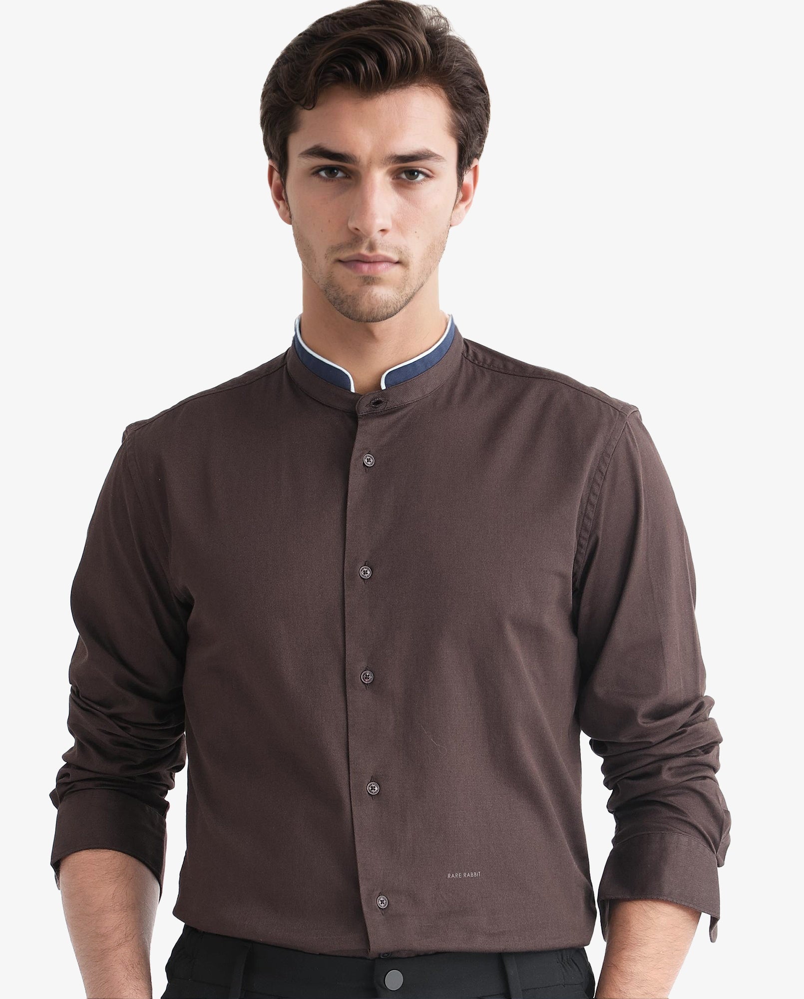 Rare Rabbit Men's Tehran Dark Brown Mandarin Collar Full Sleeves Solid Shirt