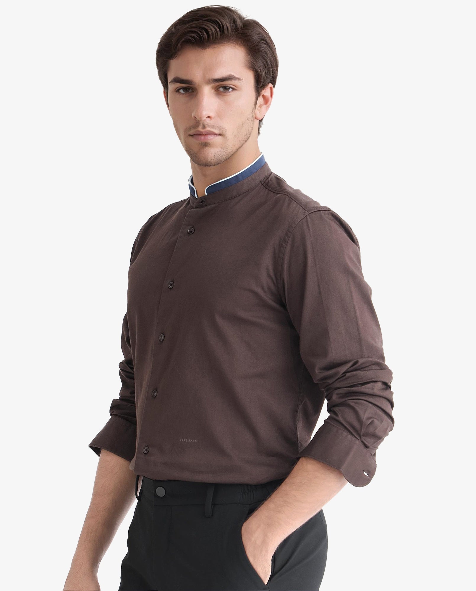 Rare Rabbit Men's Tehran Dark Brown Mandarin Collar Full Sleeves Solid Shirt